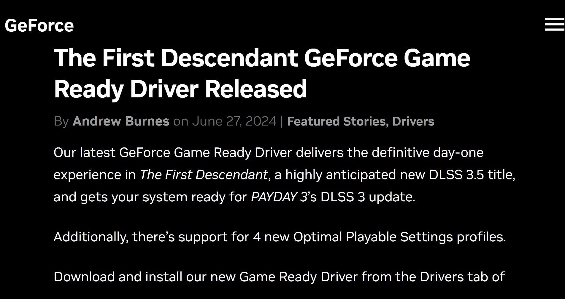 Nvidia Game Reay Driver for The First Descendant (Image via Nvidia)