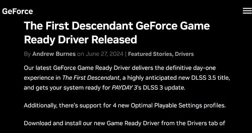 Nvidia Game Reay Driver for The First Descendant (Image via Nvidia)