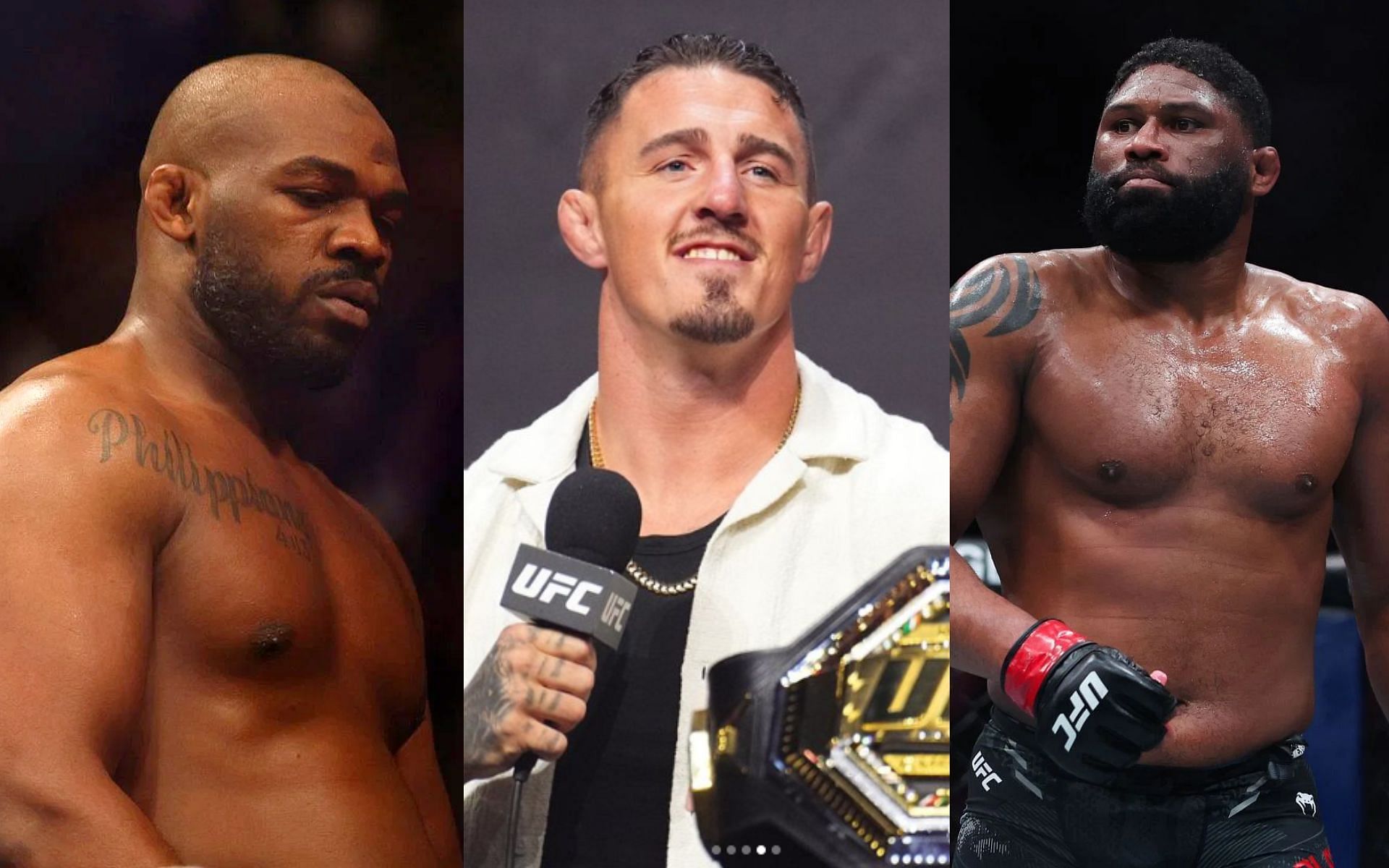 Tom Aspinall (middle) believes Curtis Blaydes (right) is a harder fight than Jon Jones (left) [Images courtesy: Getty Images and @tomaspinallofficial on Instagram]