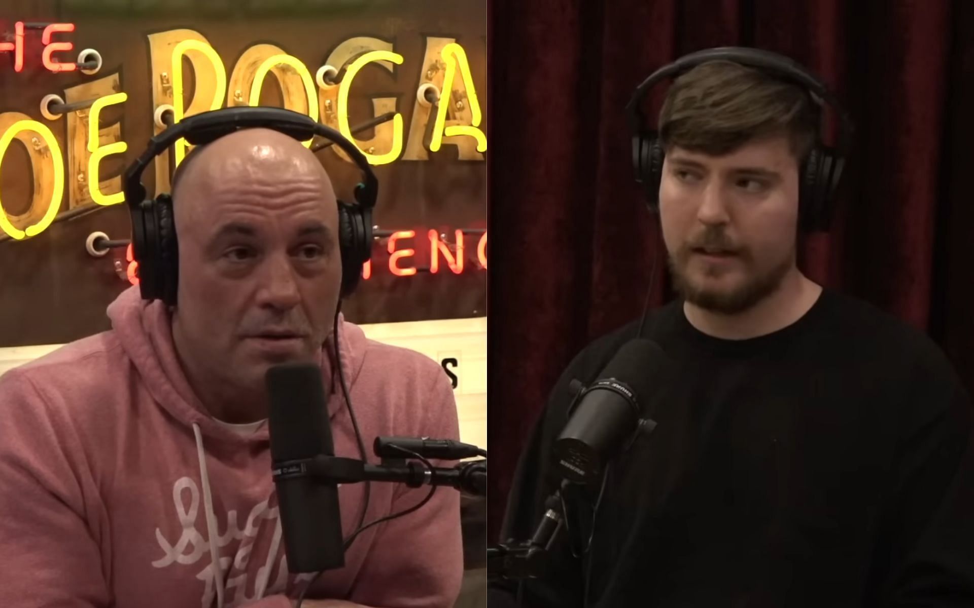 Joe Rogan (left) reacts to Jimmy Donaldson, better known as MrBeast (right), telling the story of buying an island. [Image courtesy: PowerfulJRE on YouTube]