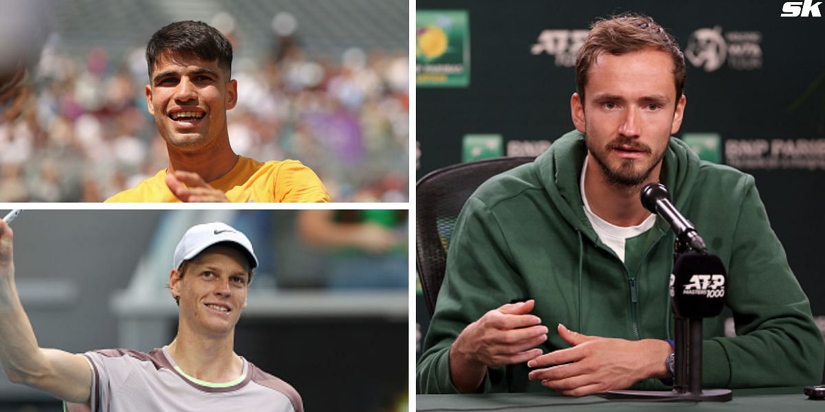 Carlos Alcaraz (upper-left), Jannik Sinner (down-left) and Daniil Medvedev (R) [Image Source: Getty Images]