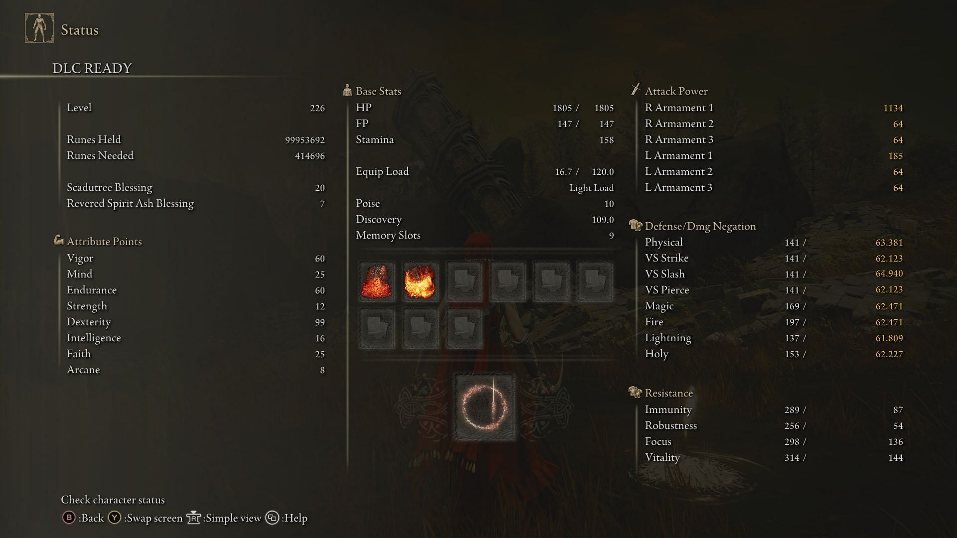 Stats for a level 220+ Dancer of Ranah build (Image via FromSoftware)