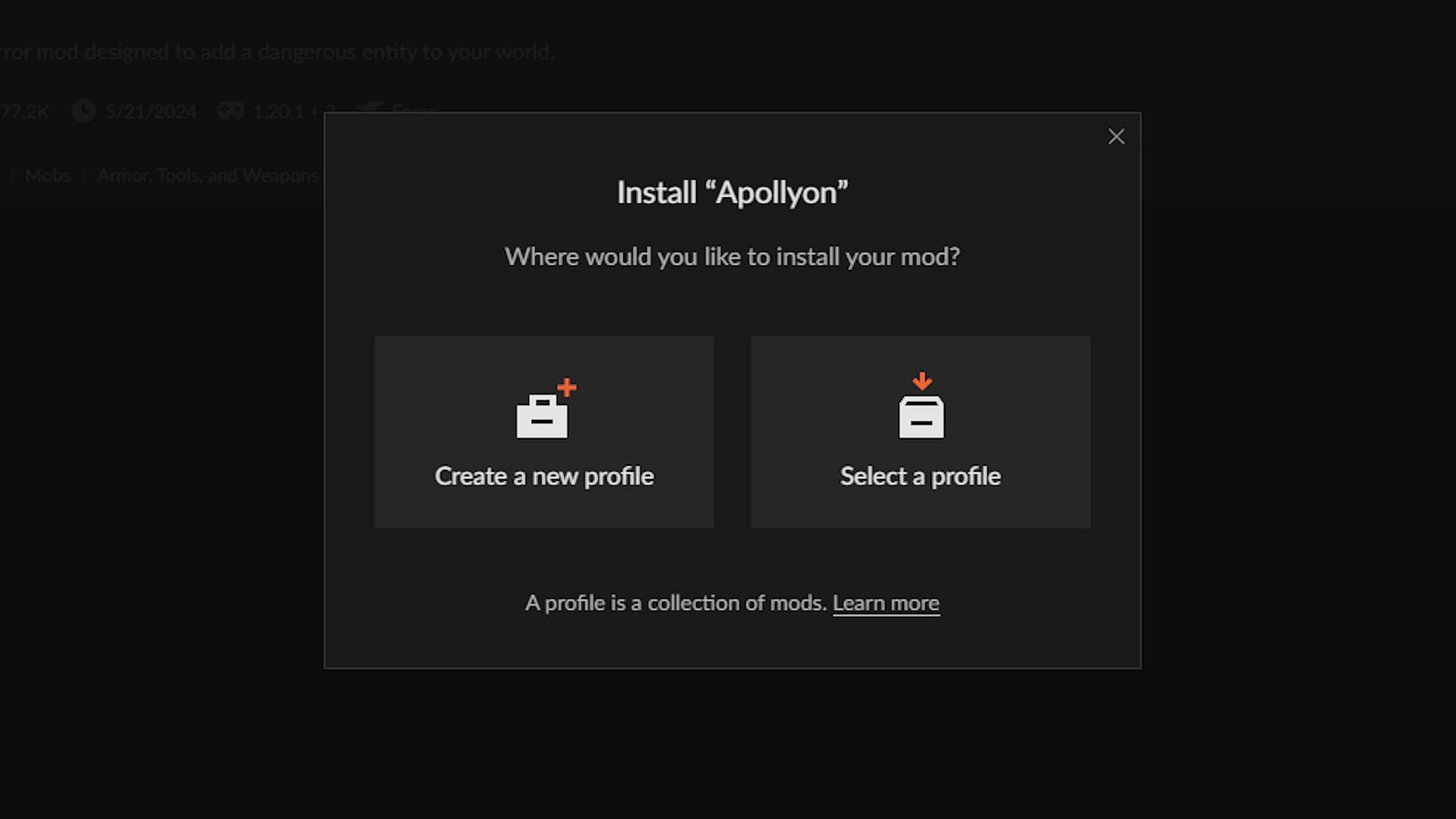 The prompt when installing Apollyon (Image via CurseForge)