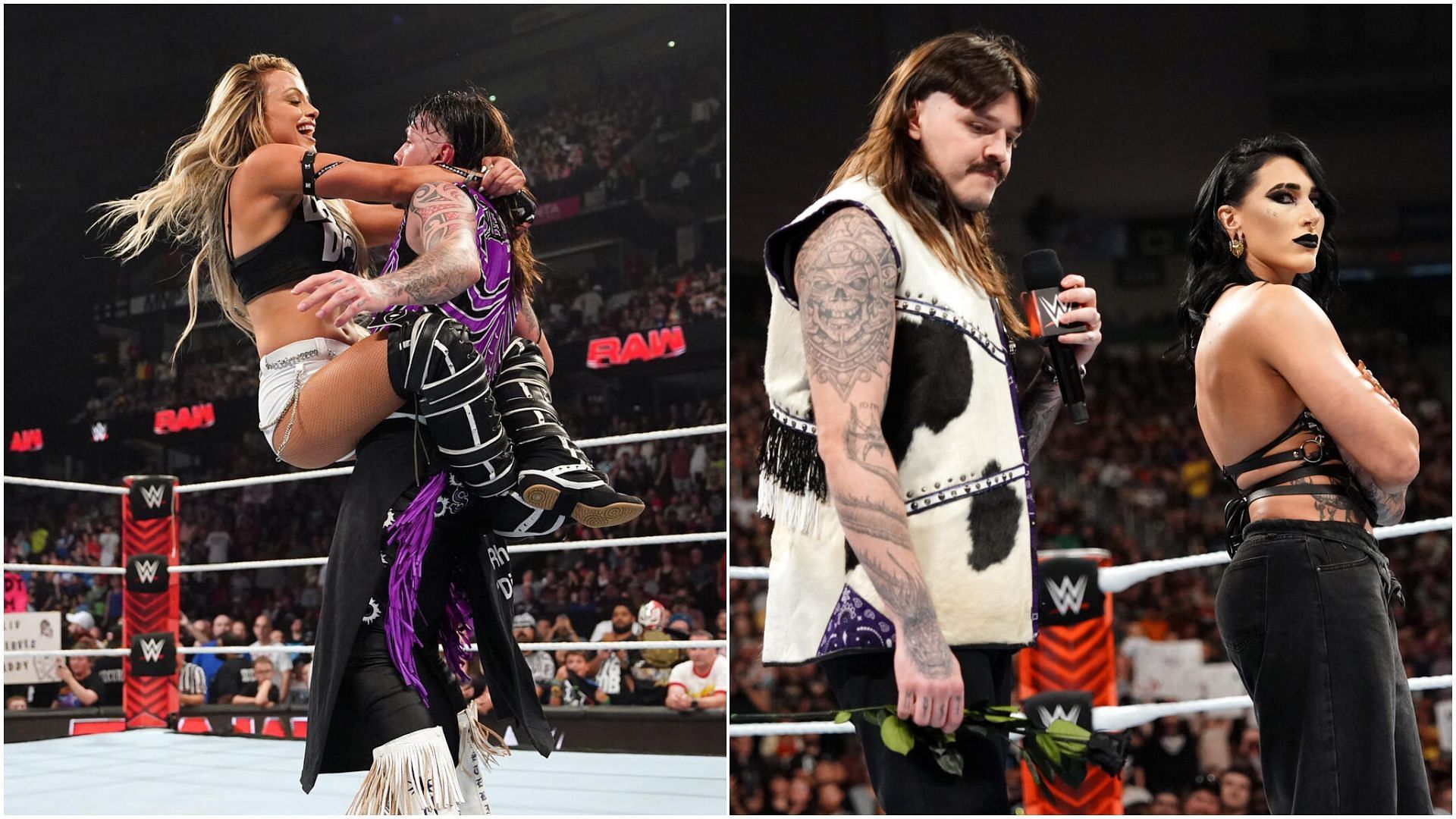 Liv Morgan &amp; Dominik Mysterio (left), Rhea Ripley &amp; Dom (right) [Images via WWE.com]