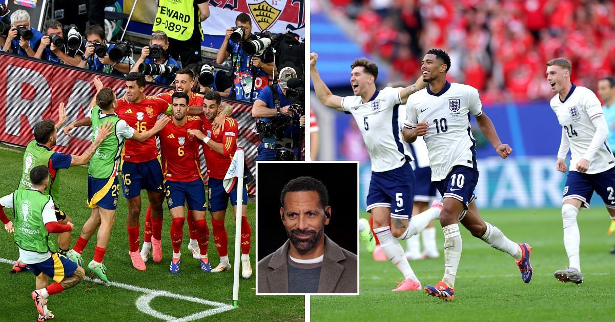 Spain (left) and England (right); Rio Ferdinand (inset)