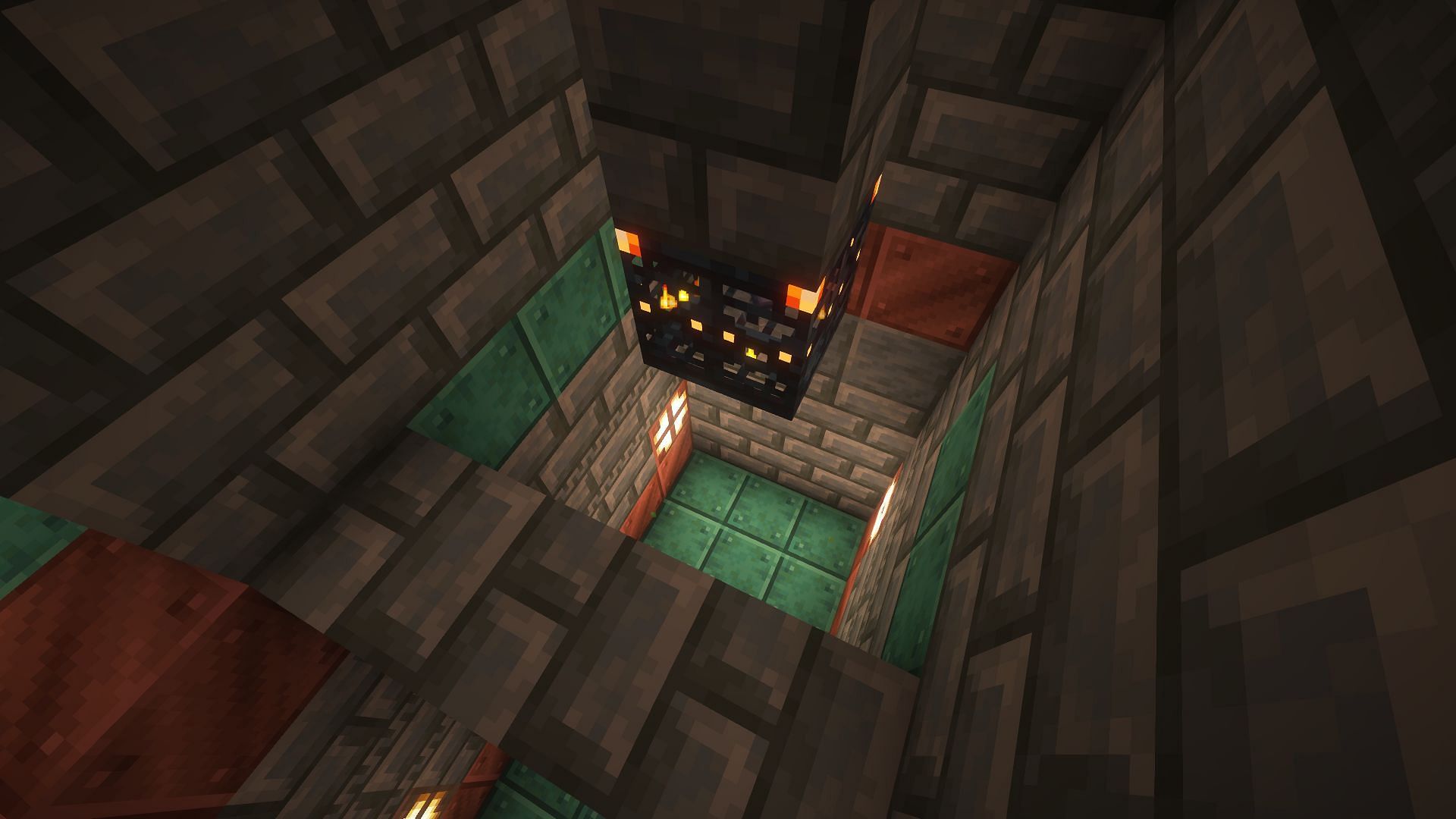 The floor punched out inside of the spawner&#039;s room (Image via Mojang)