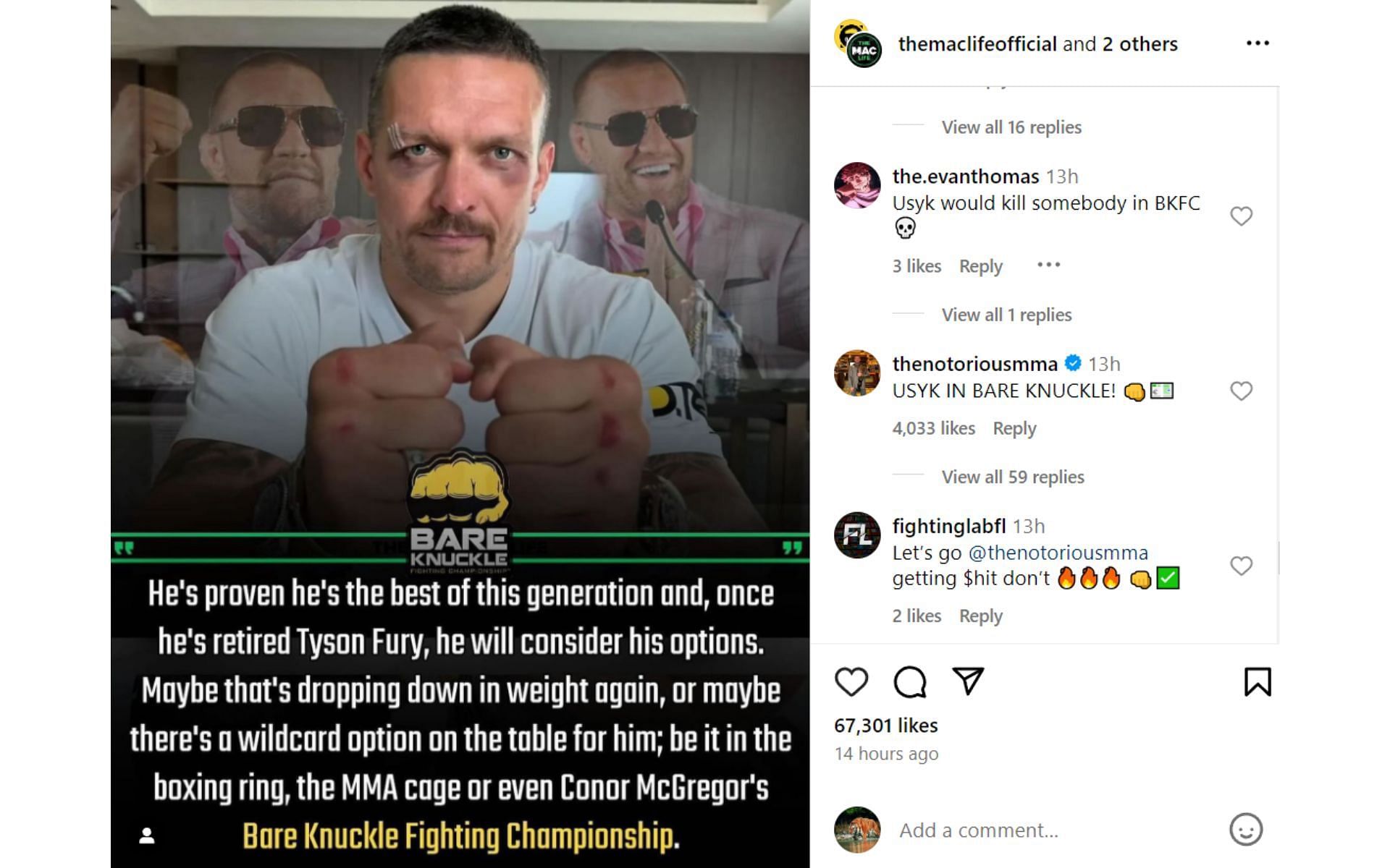 Screenshot of the post and McGregor&#039;s comment [Image courtesy: @themaclifeofficial on Instagram]