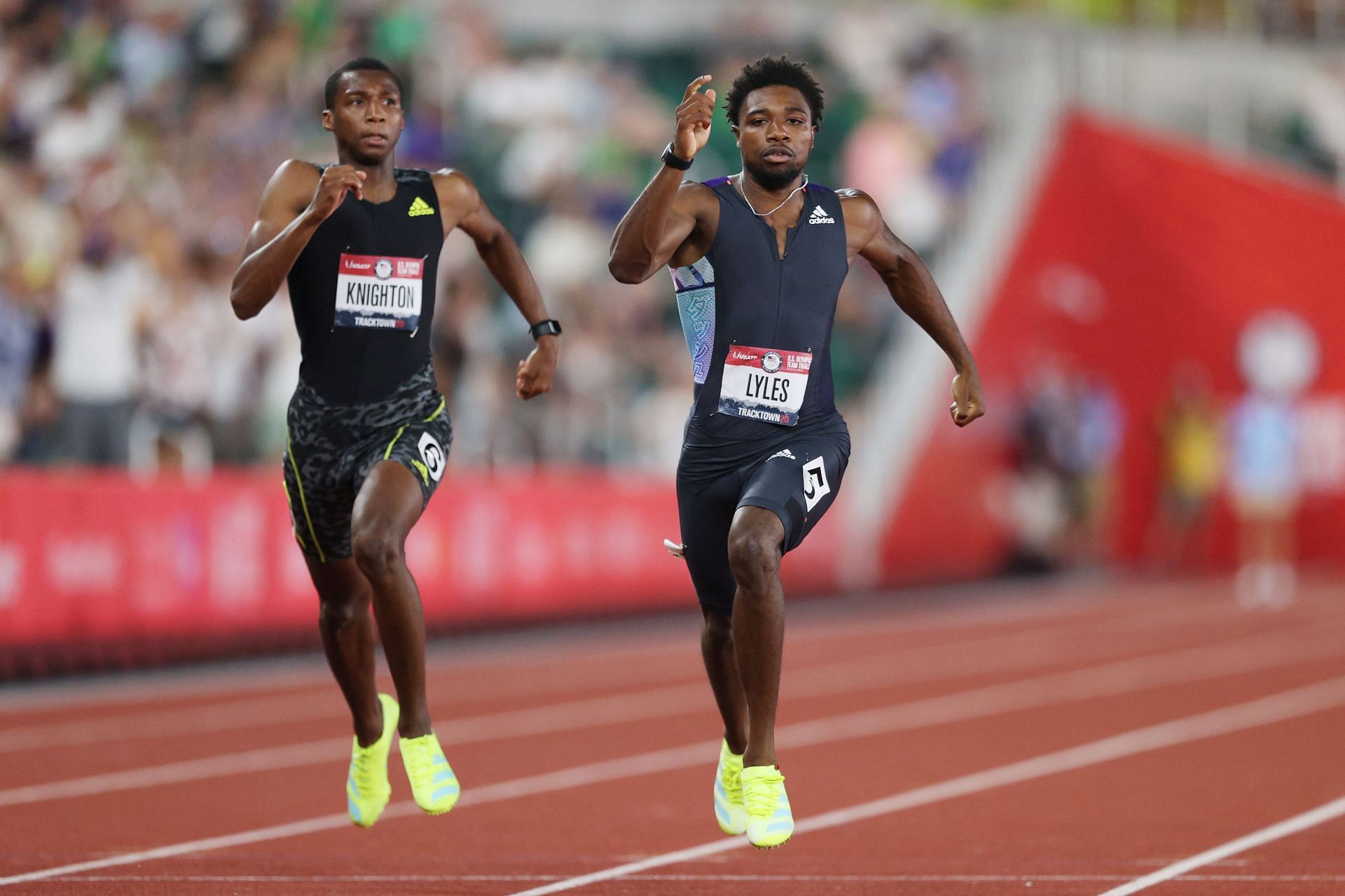 Erriyon Knighton (L) and Noah Lyles (R) compete in the Men&#039;s 200 Meter Final at 2020 U.S. Olympic Track &amp; Field Team Trials. (Photo by Patrick Smith/Getty Images)