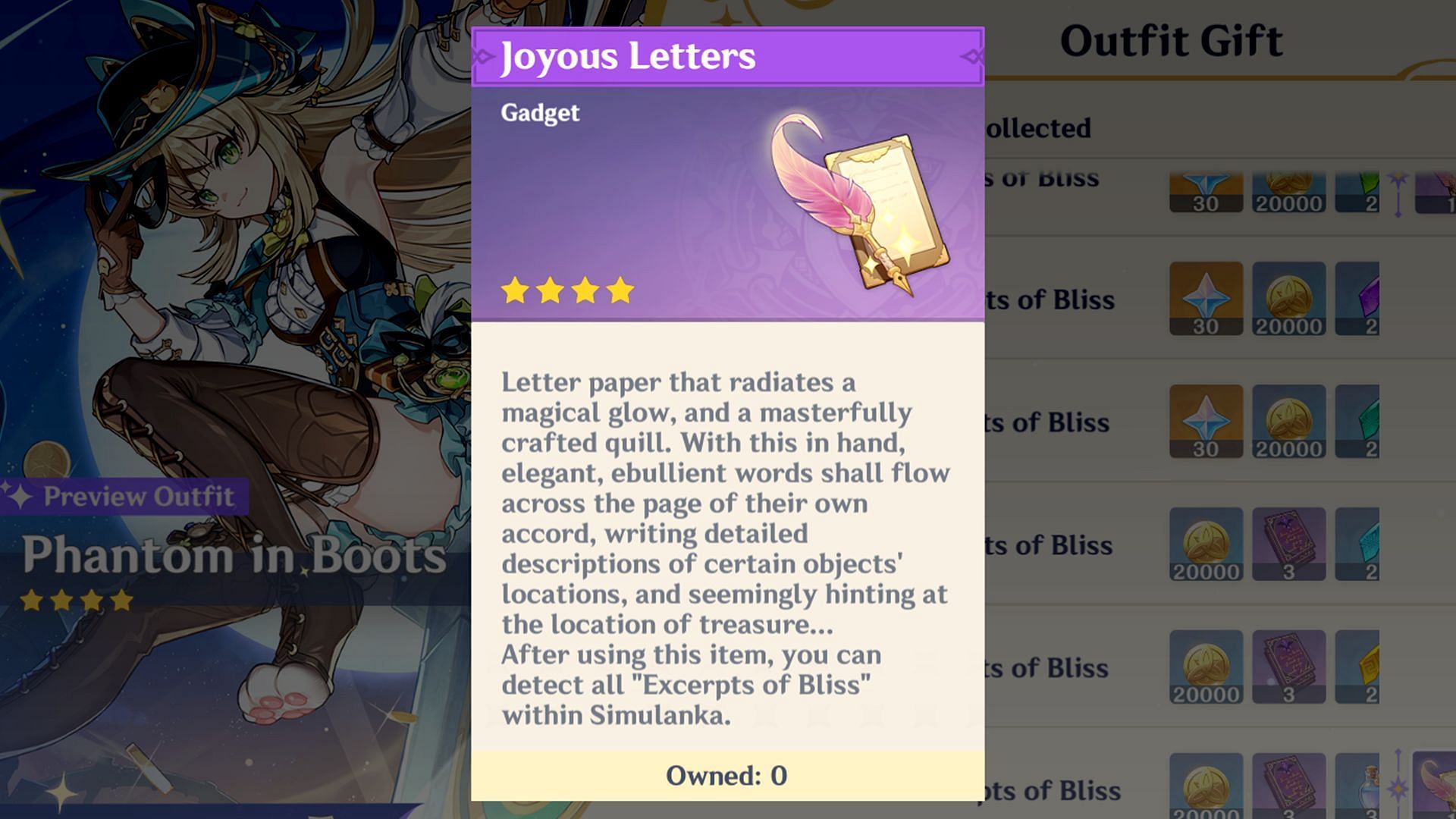 The Joyous Letters gadget displays all Excerpts of Bliss (Image via HoYoverse)