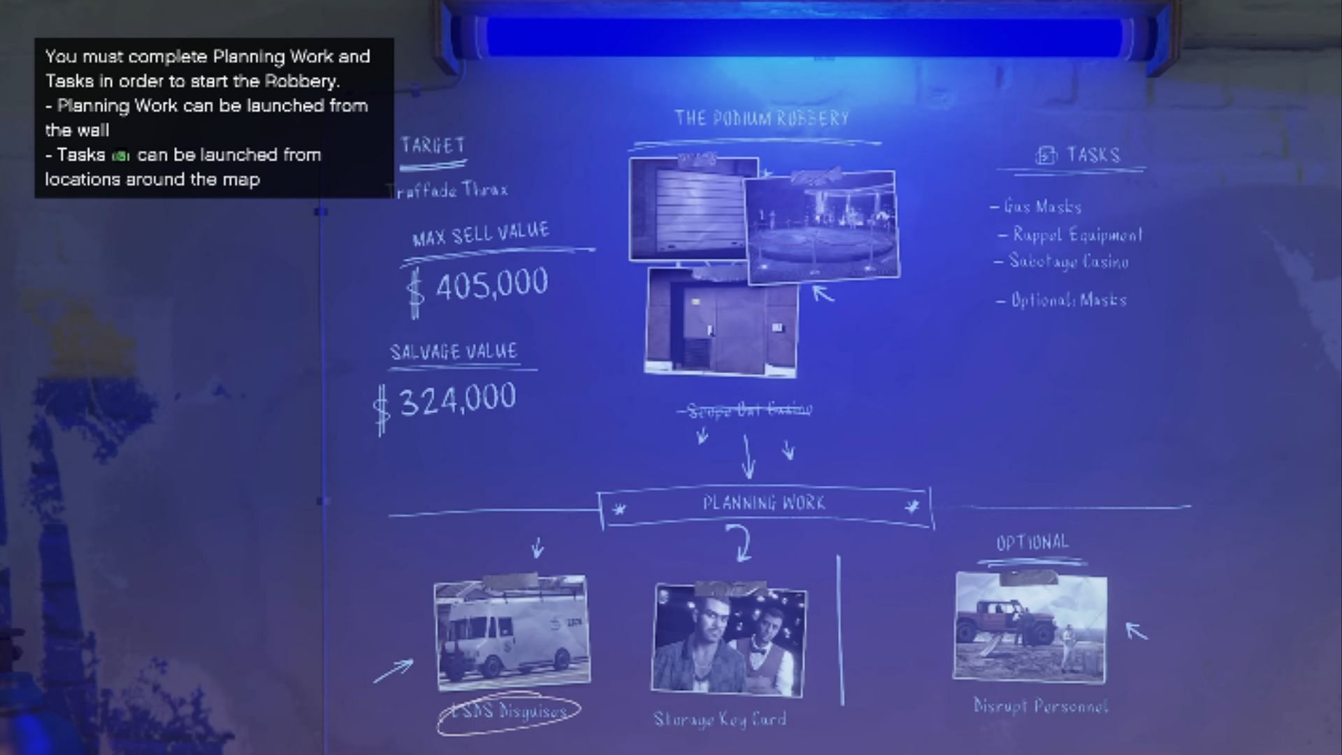 GTA Online Podium Robbery planning board (Image via Rockstar Games || YouTube/GTA Series Videos)