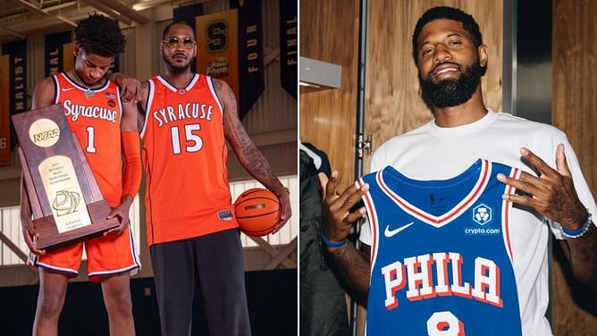 Kiyan Anthony meets his idol Paul George with proud father Carmelo by his side as they ball out in Georgia