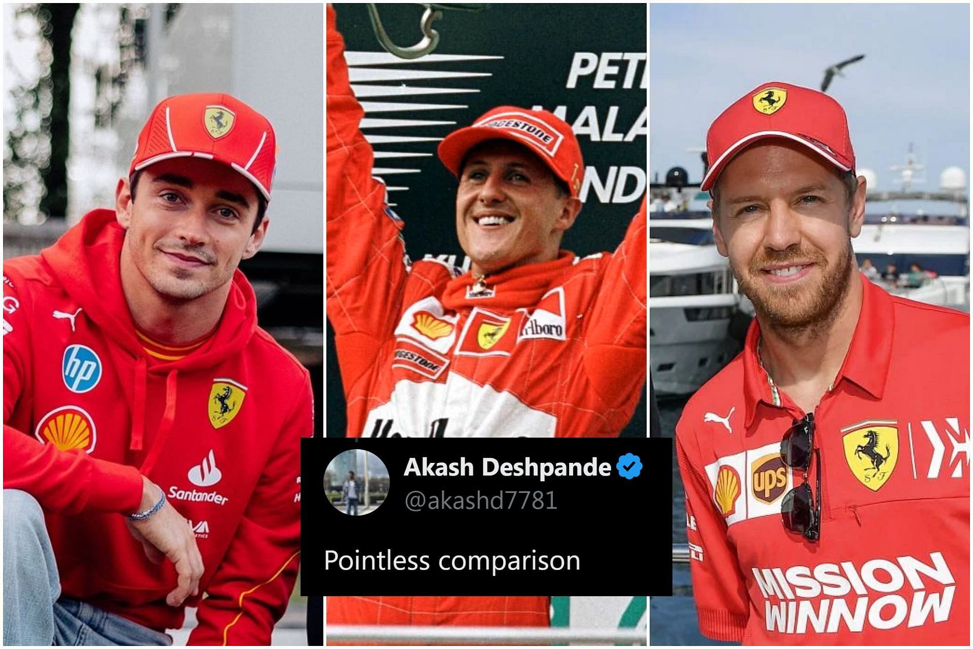 Charles Leclerc (L), Michael Schumacher (C), and Sebastian Vettel (R) (Image via Getty || X/@akashd7781)