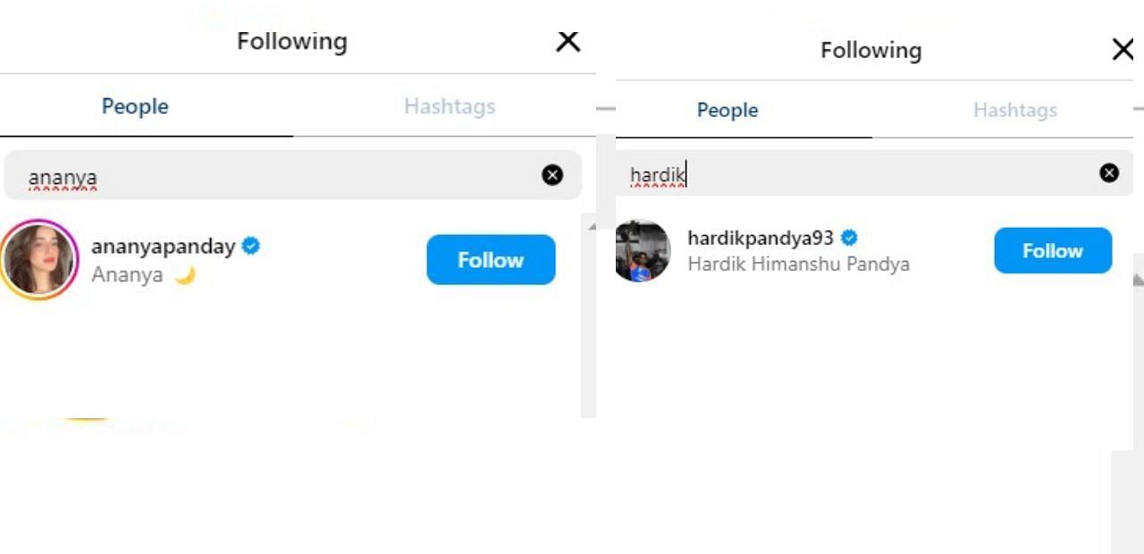 हार्दिक और अनन्या ने एक दूसरे को किया फॉलो (Instagram Screenshot @hardikpandya93, @ananyapanday)