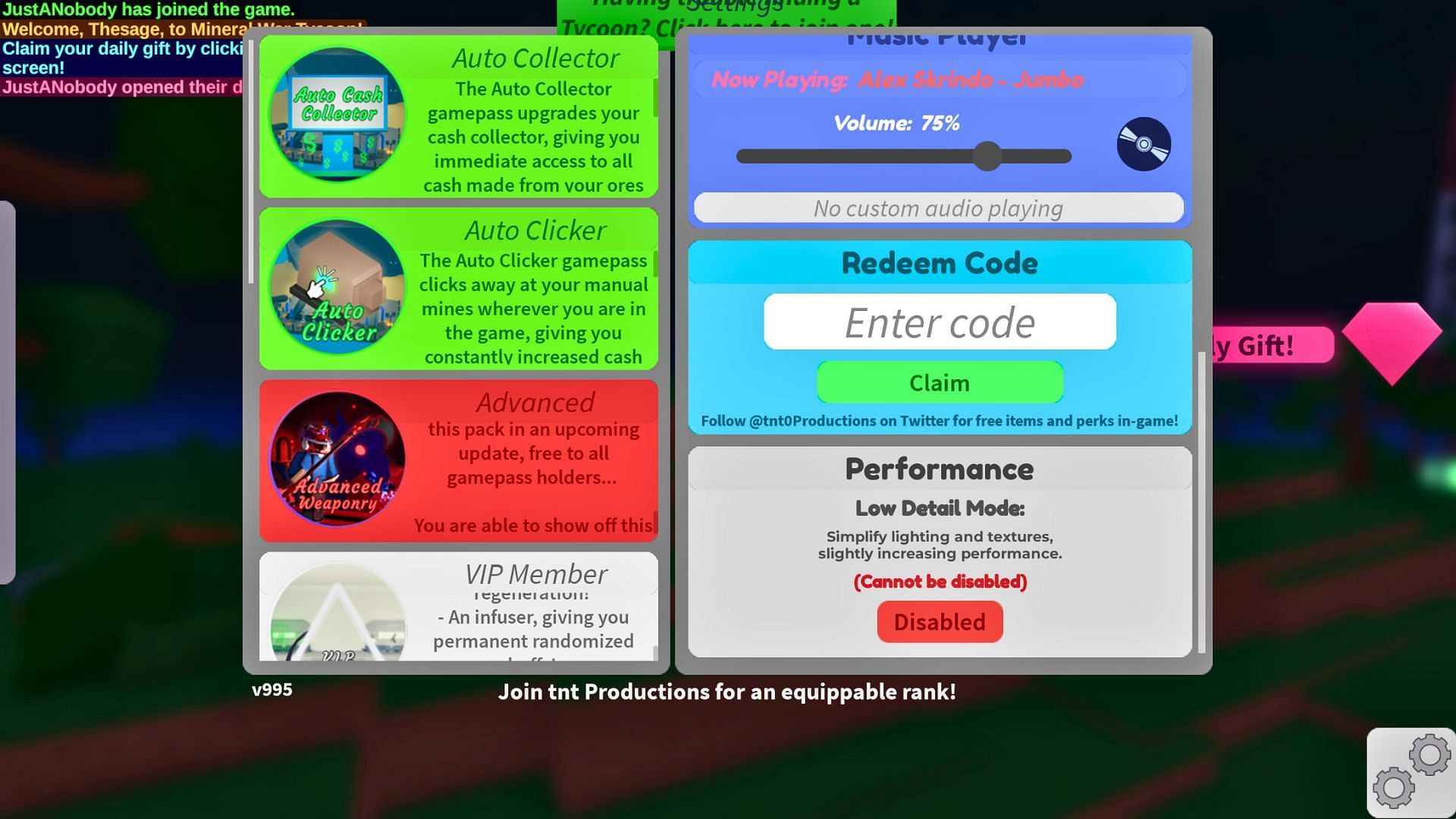 Redeem your code here in Mineral War Tycoon (Image via Roblox)