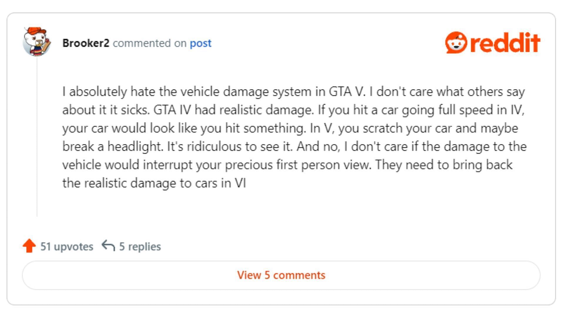 Cars don&#039;t have realistic damage in Grand Theft Auto 5 (Image via Reddit)