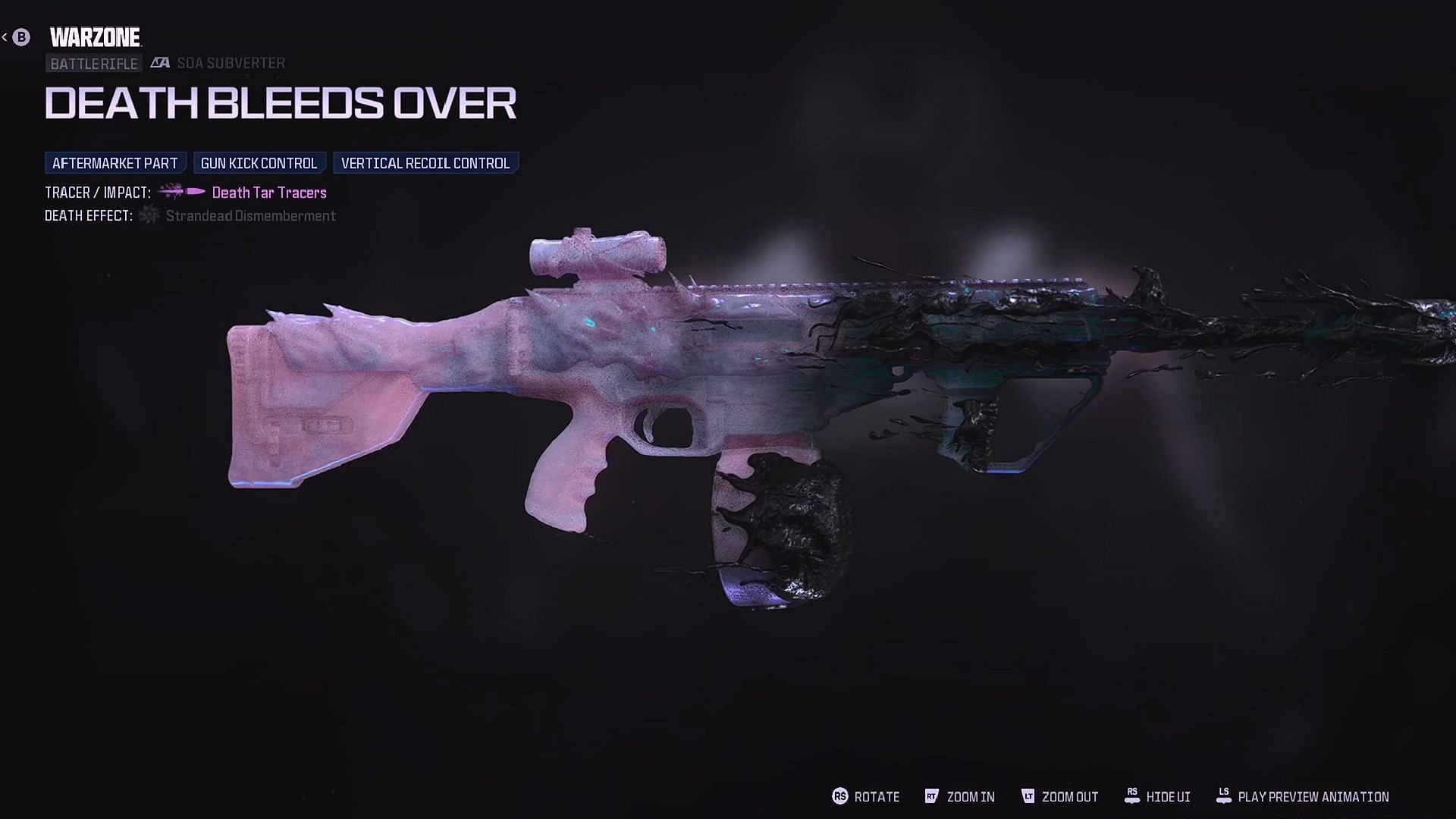 The &quot;Death Bleeds Over&quot; weapon blueprint for SOA Subverter (Image via Activision and YouTube/AustinSixx6)