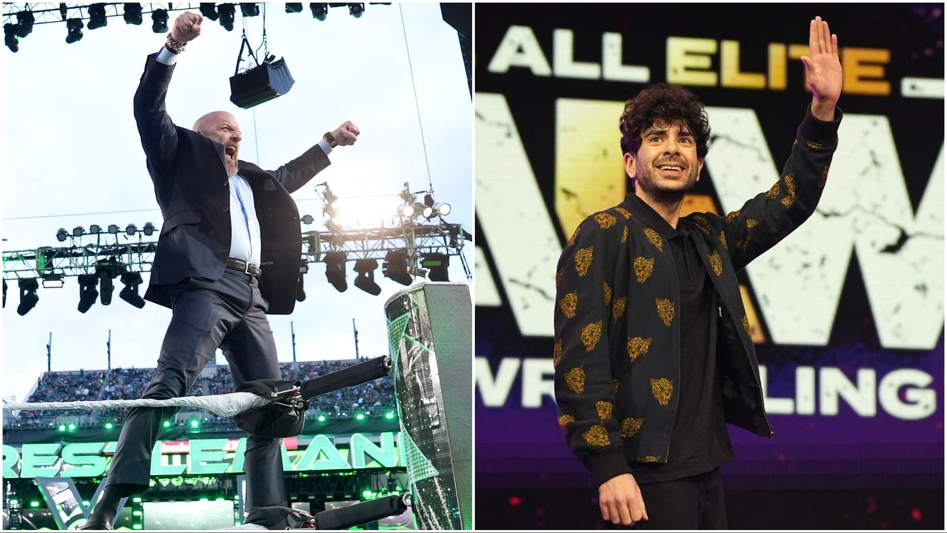 Triple H at WWE WrestleMania XL, Tony Khan waves in front of the AEW logo