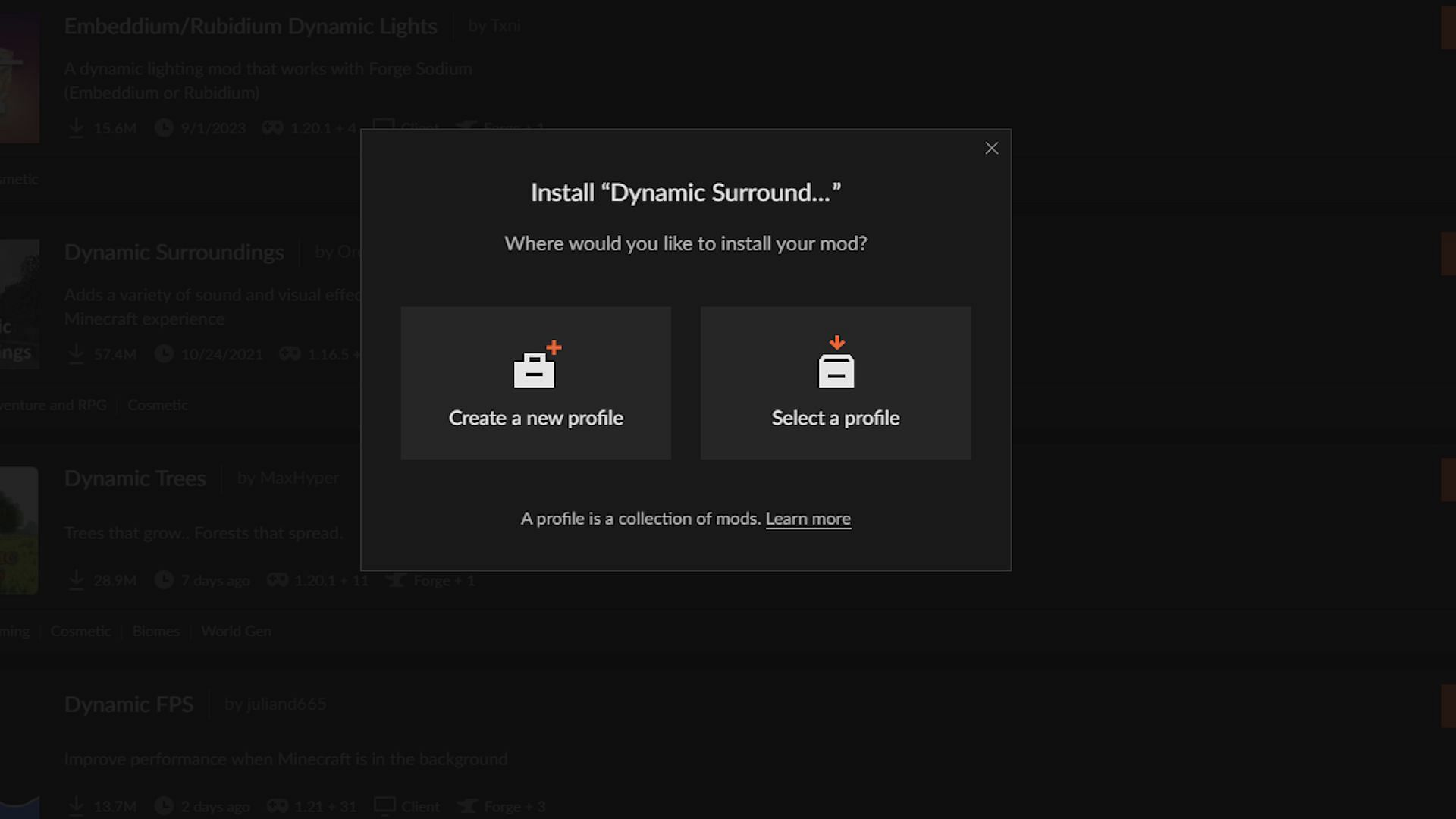 The installation prompt for Dynamic Surroundings (Image via CurseForge)