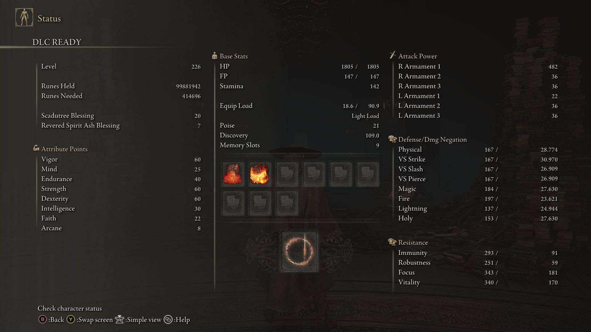 Stats for a level 220+ Dryleaf Dane build (Image via FromSoftware)