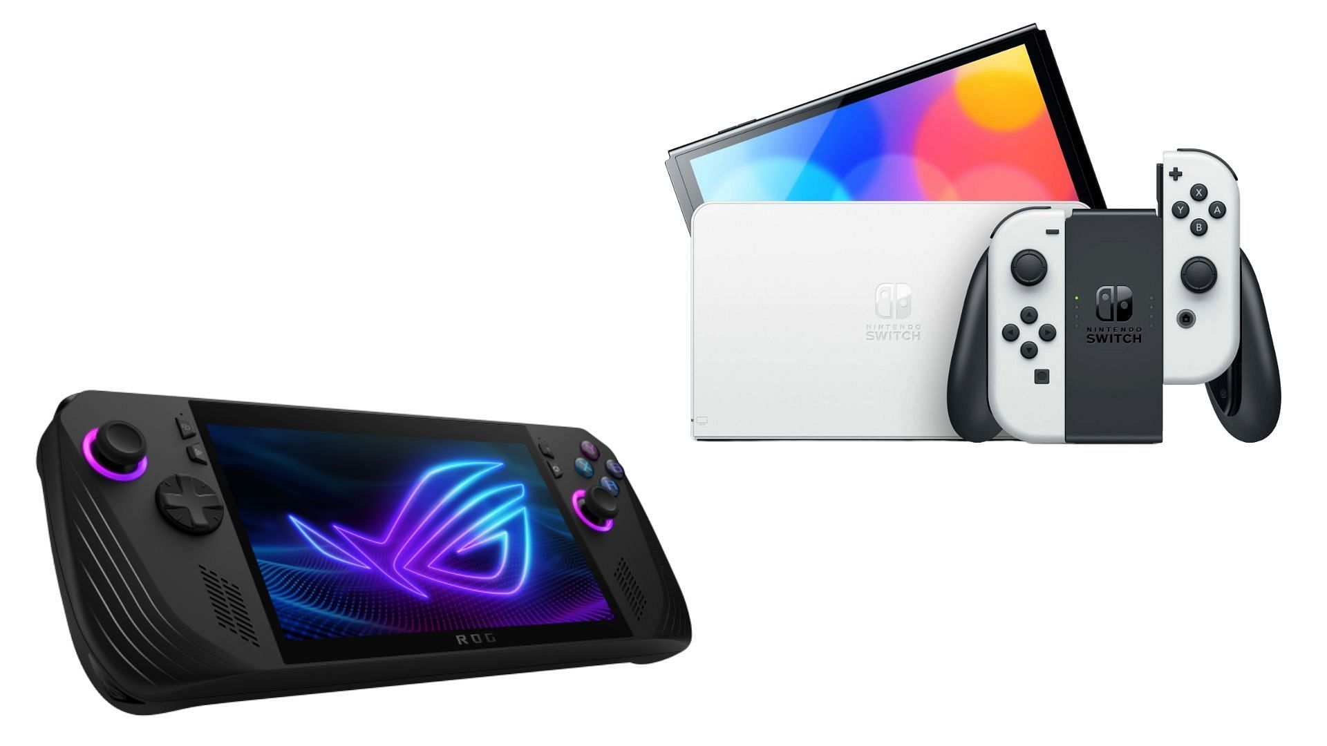 Both ROG Ally X and Switch OLED have very different on-paper specs (Image via Asus, Nintendo)