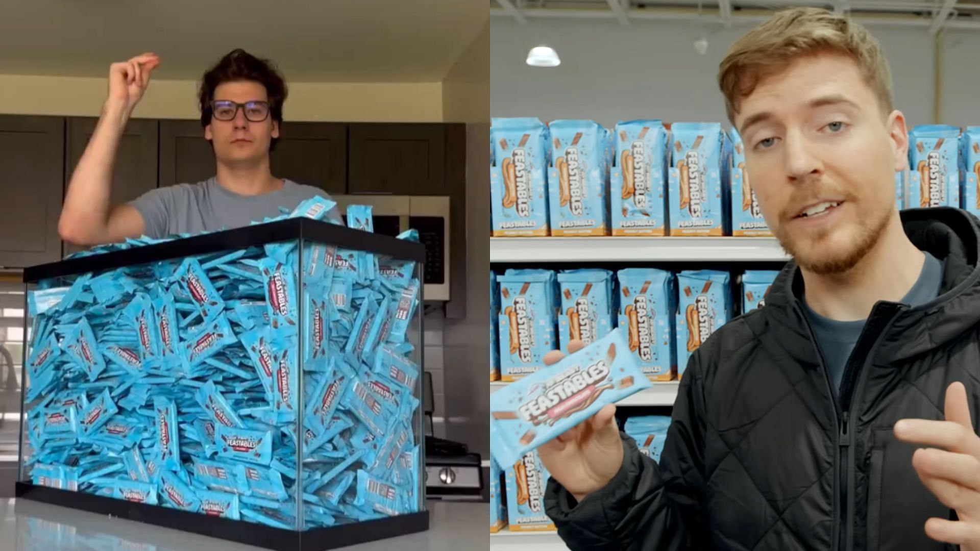 Fans reacted to a TikTok creator seemingly eating over 100 liters of Feastables chocolate (Image via DramaAlert/X and MrBeast/YouTube)