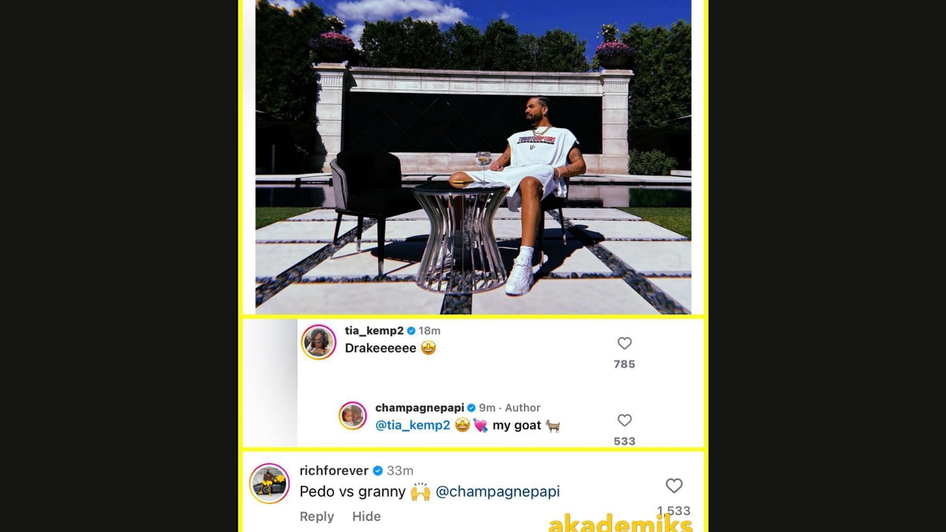 DJ Akademik&#039;s post including Rick, Drake, and Tia Kemp&#039;s comments (Image via Instagram/@akademiks)