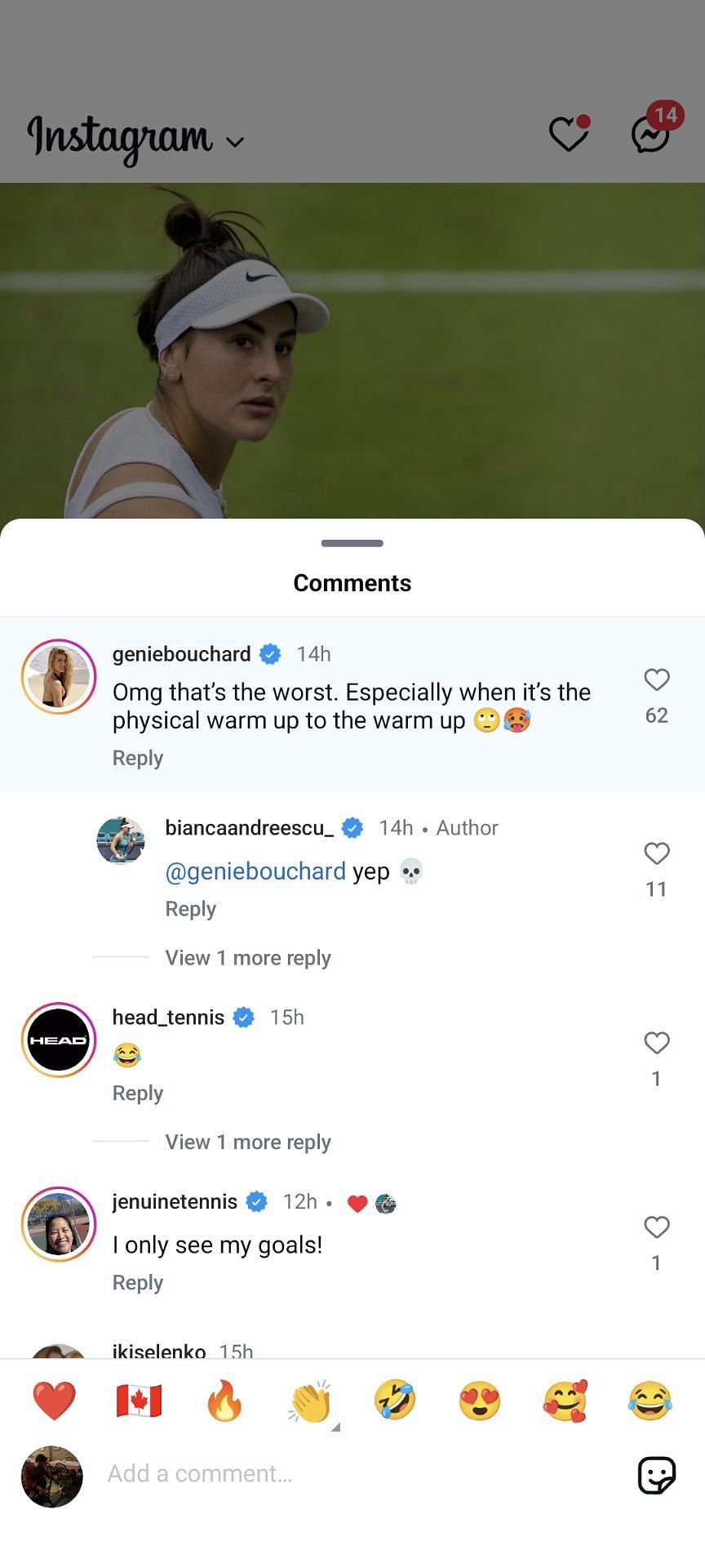 Eugenie Bouchard reacts to Bianca Andreescu&#039;s post; (Source - Instagram/@biancaandreescu_)