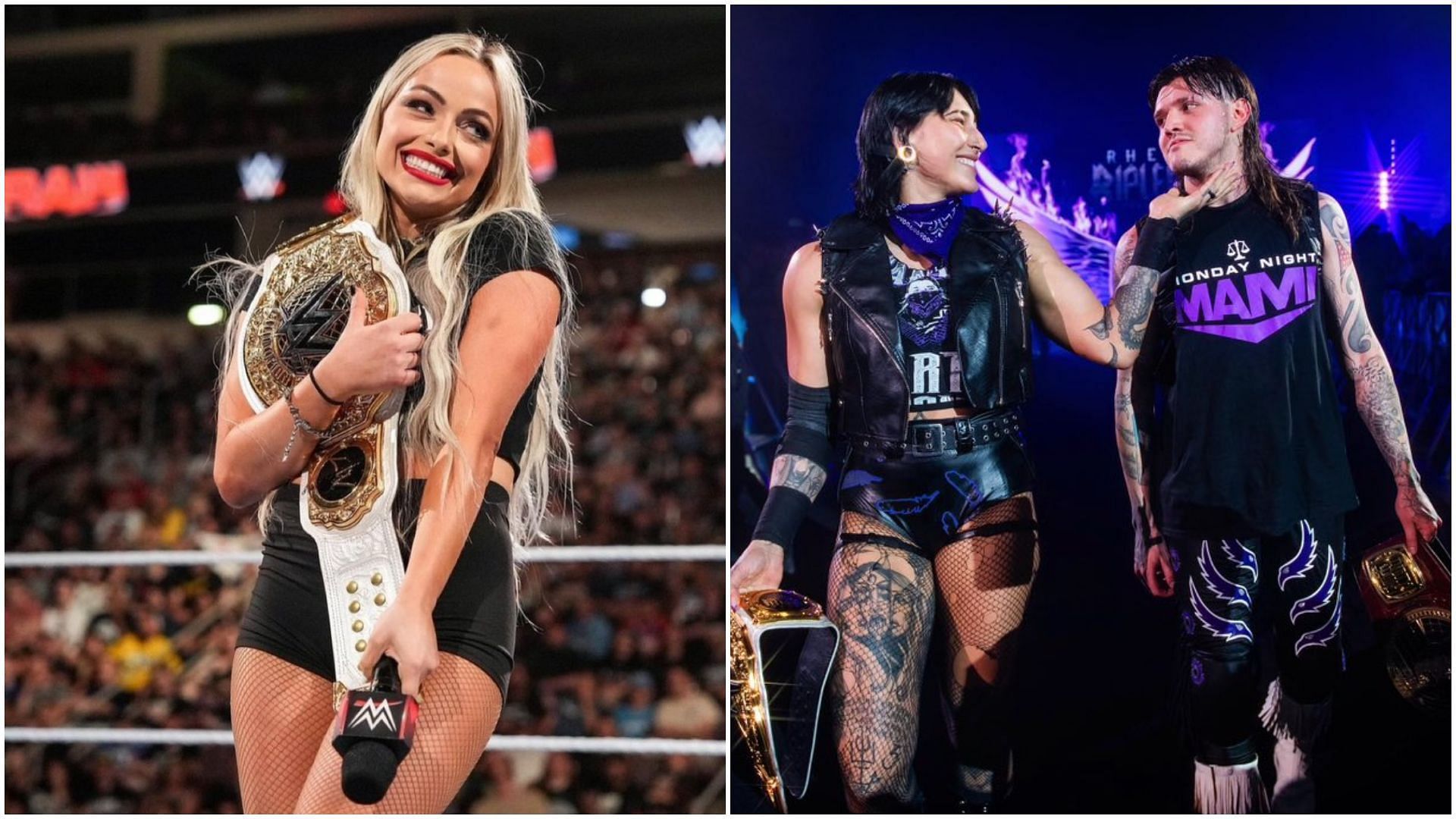 Liv Morgan (left), Rhea Ripley &amp; Dominik Mysterio (right). [Image credits - The stars