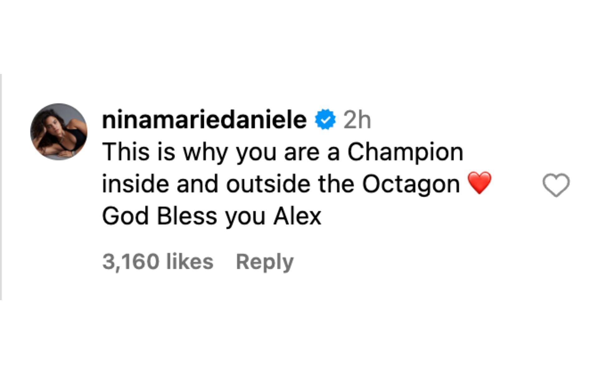 Nina-Marie Daniele comments beneath Alex Pereira&#039;s Instagram post. [via @alexpoatanpereira on Instagram]