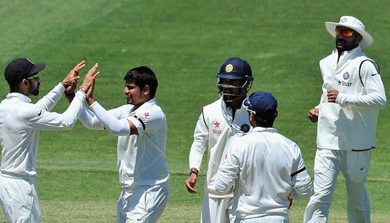 Karn Sharma celebrating a wicket in India&#039;s tour of Australia 2014-15 (Image Credits: Karn Sharma&#039;s Instagram)