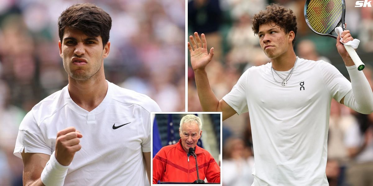 Carlos Alcaraz (L), John McEnroe (inset) and Carlos Alcaraz (R) (Source: Getty)