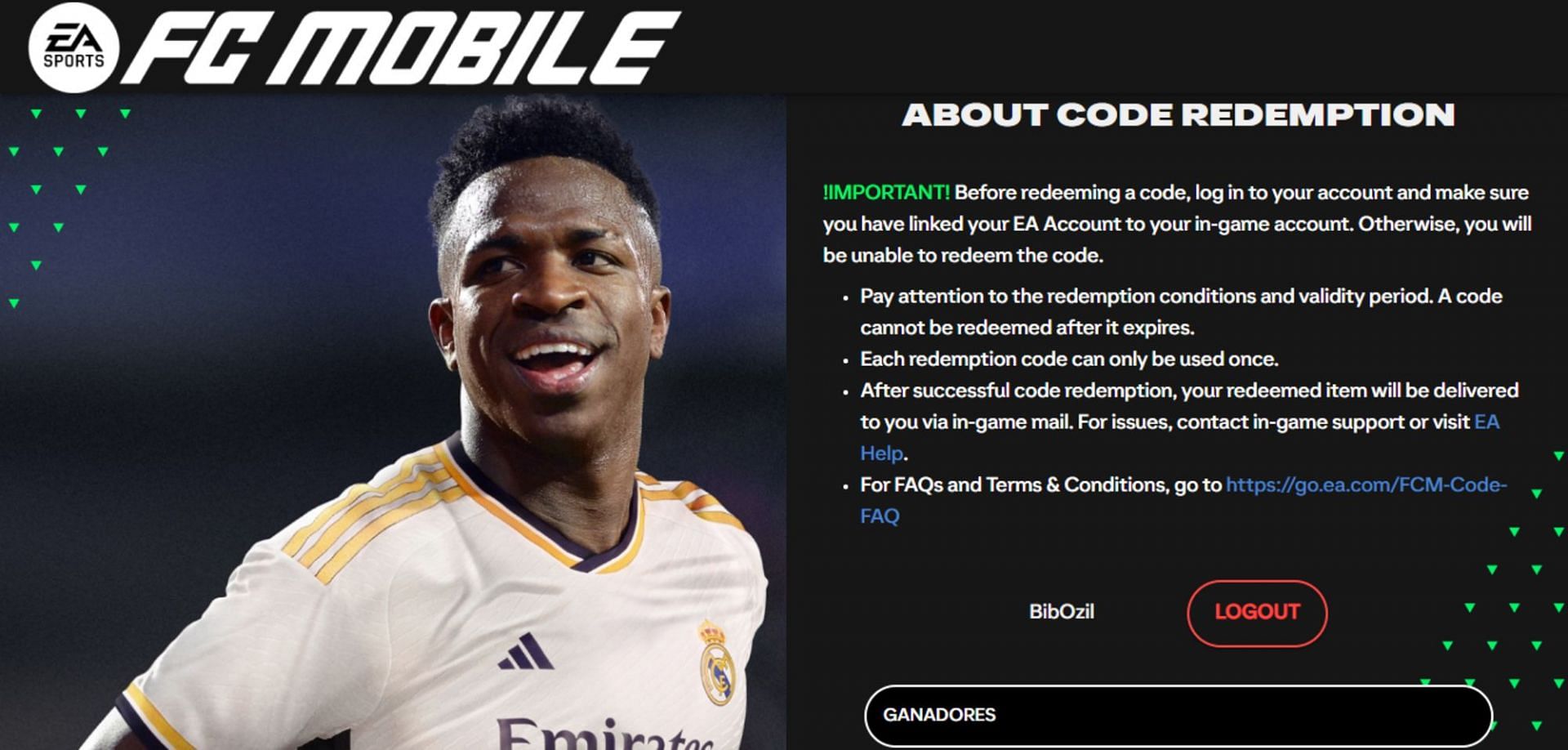 FC Mobile code redemption webpage (Image via ea.com)