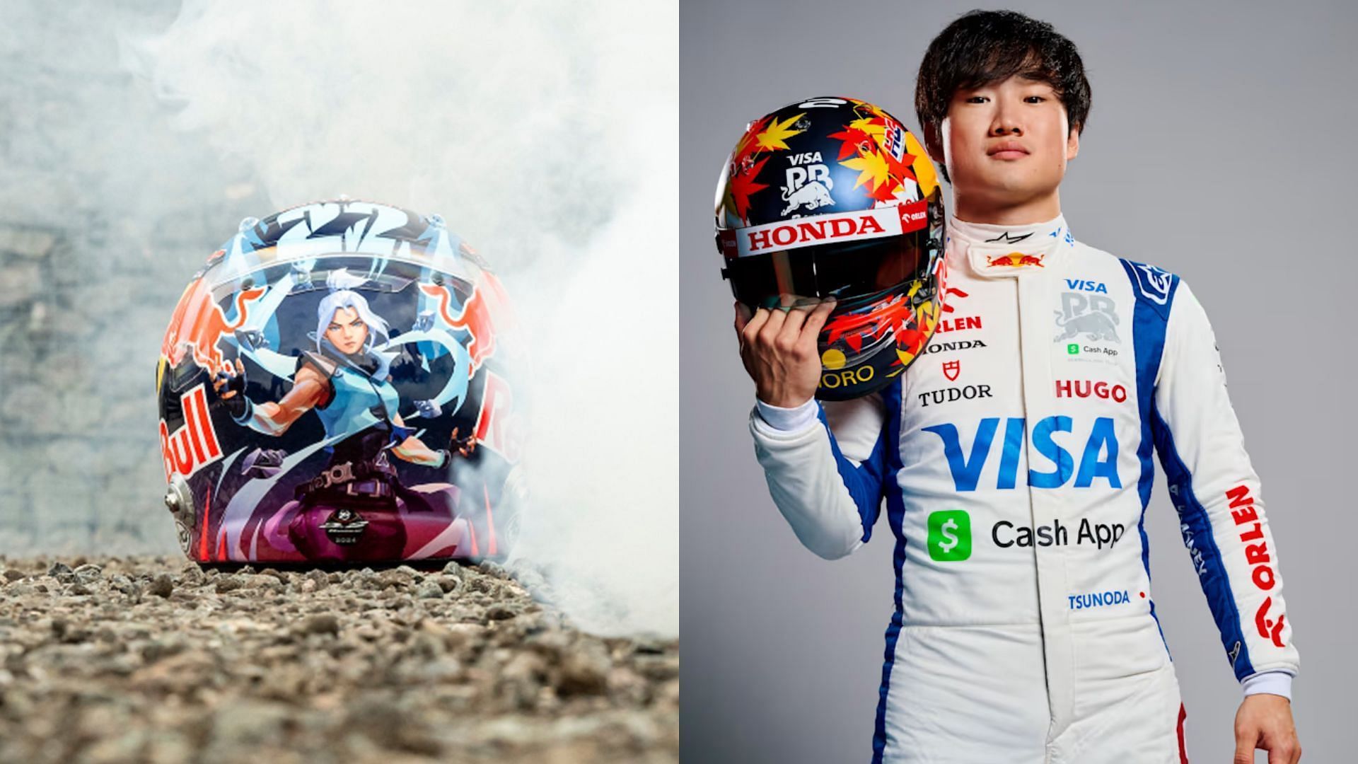 Yuki Tsunoda and his Valorant-themed helmet (Image via X and Red Bull)