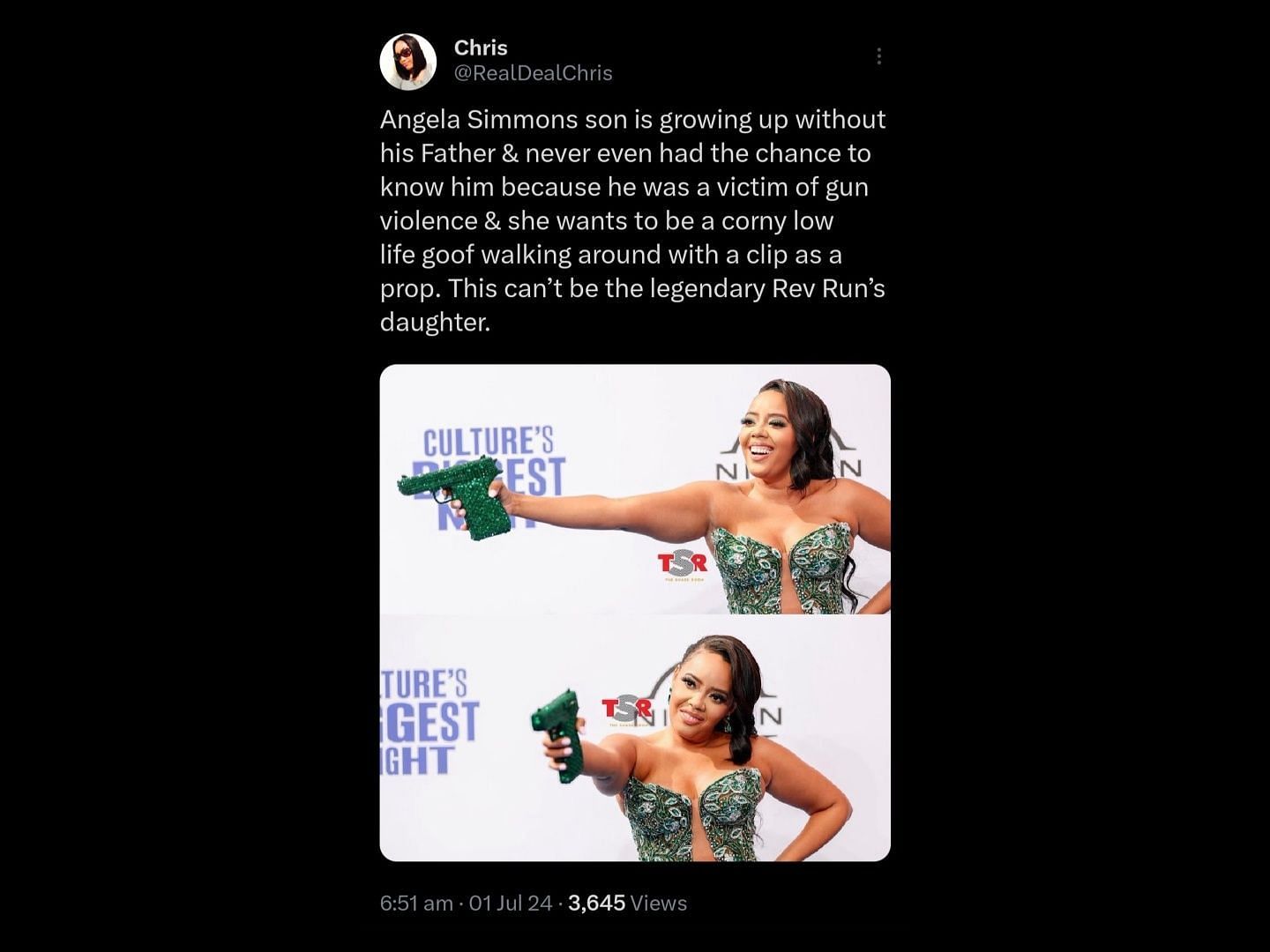 Angela Simmons slammed for her choice of purse at the 2024 BET Awards. (Image via X/@RealDealChris)