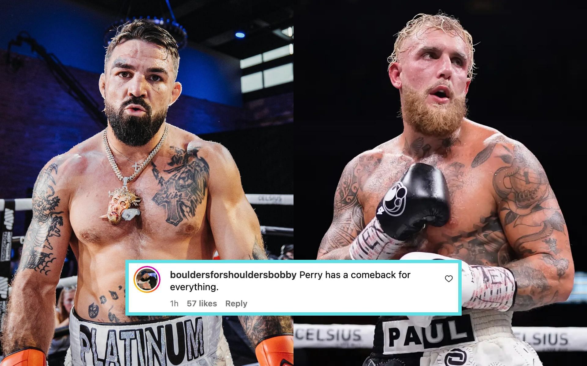 Fans react to the press conference interaction between Mike Perry (left) and Jake Paul (right). [Images courtesy: @platinummikeperry and @daznboxing on Instagram]