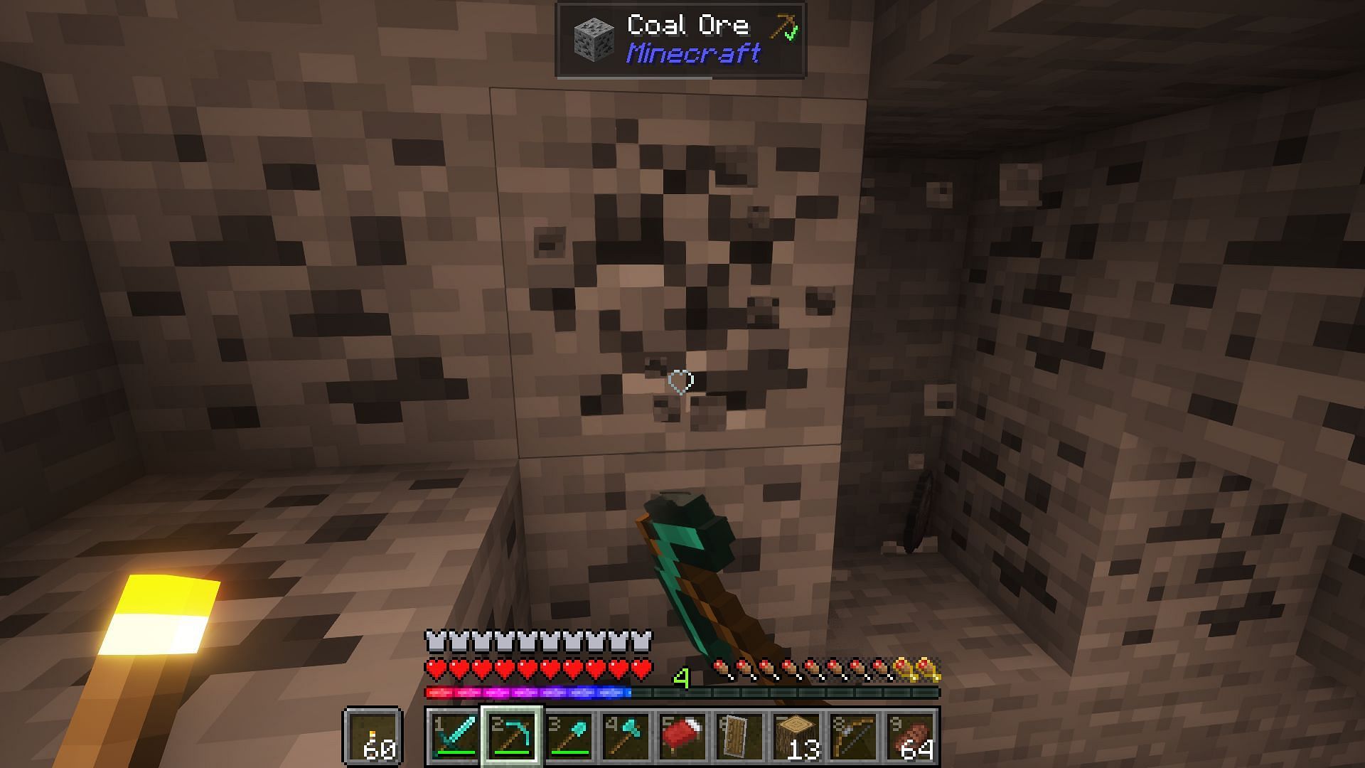 A player mining while carrying several essential survival items (Image via Mojang)