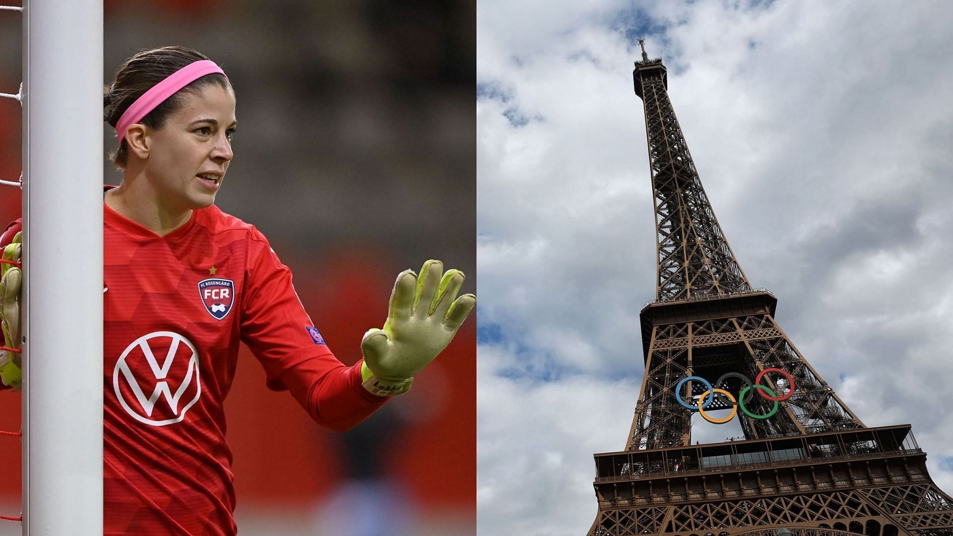 Stephanie Labb&eacute; and Eiffel Tower with Olympic Rings (Both Images via Getty)