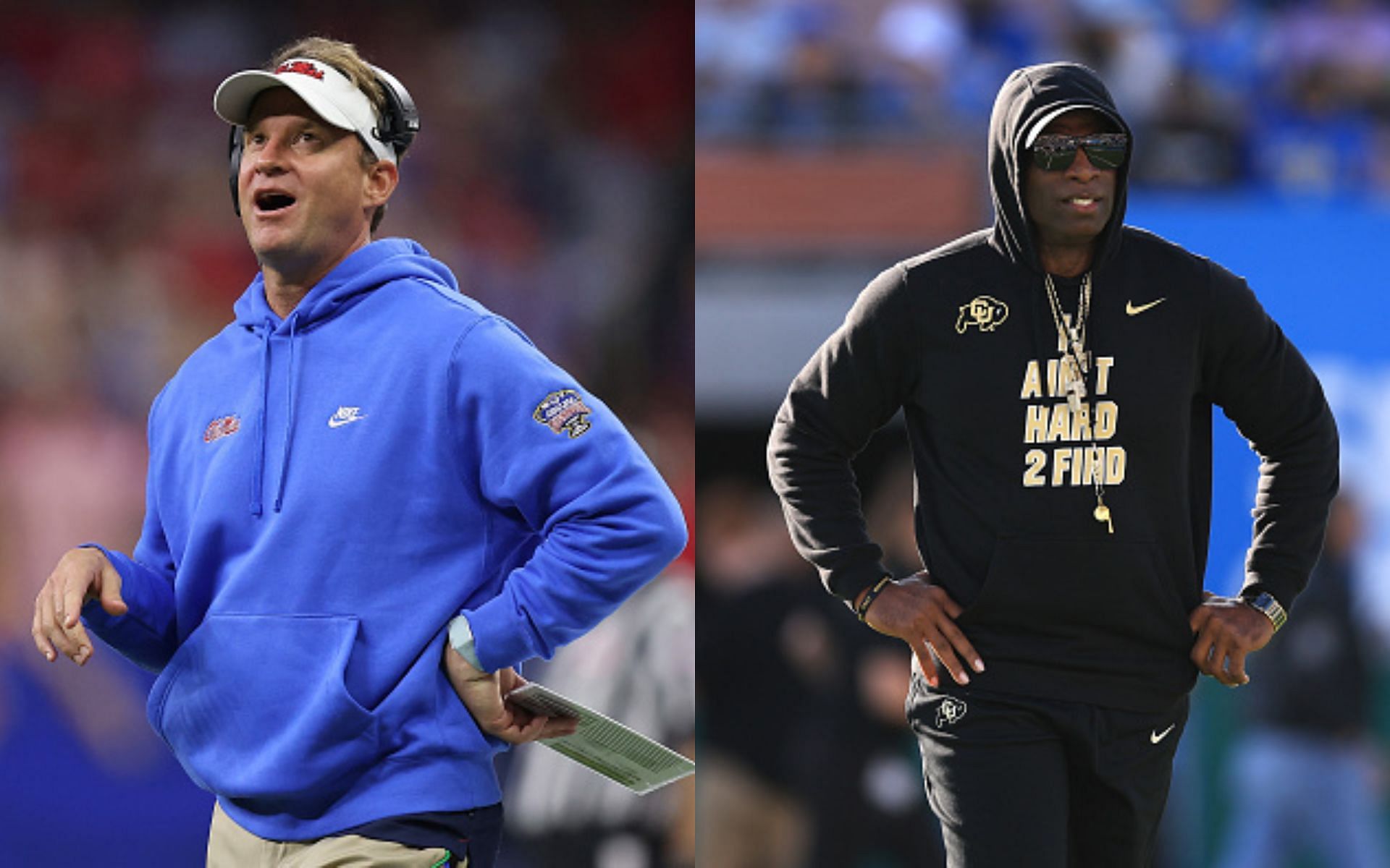 Lane Kiffin (left); Deion Sanders (right)