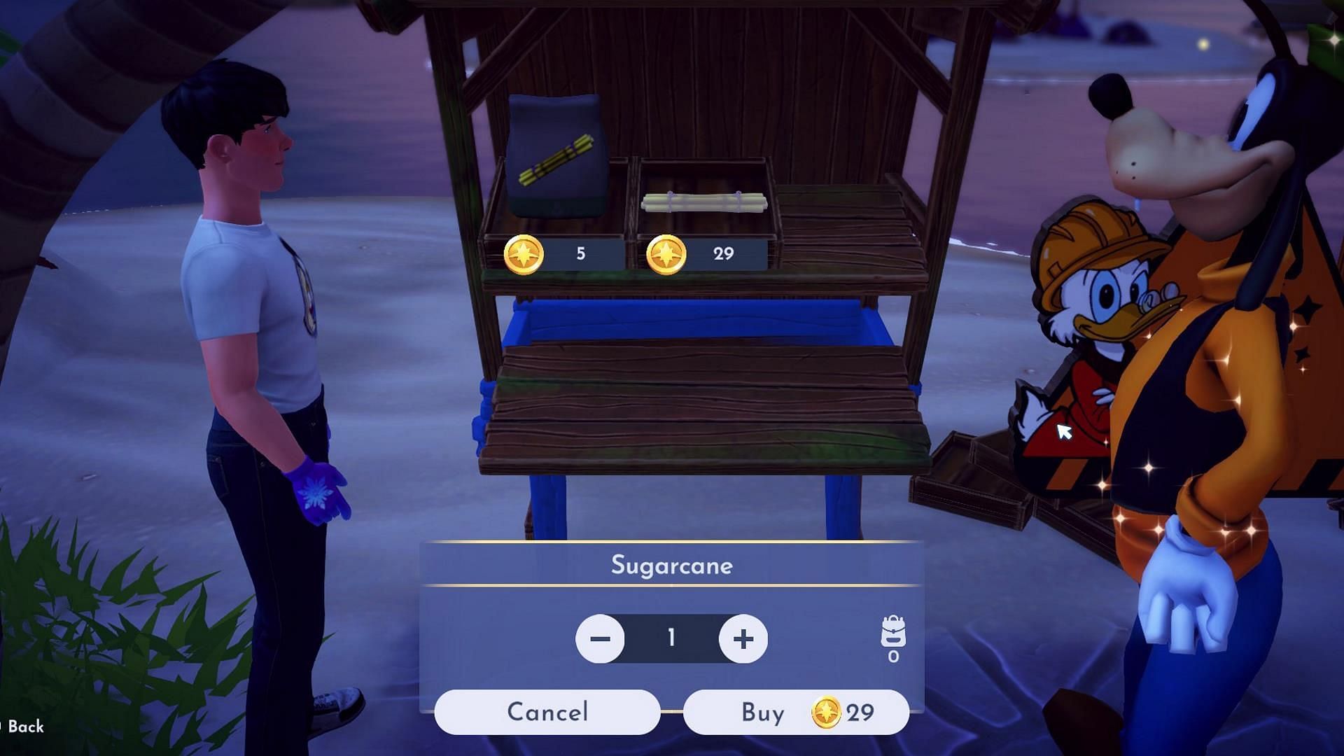 Buy Sugarcane from Goofy&#039;s Stall at the Dazzle Beach (Image via Gameloft)