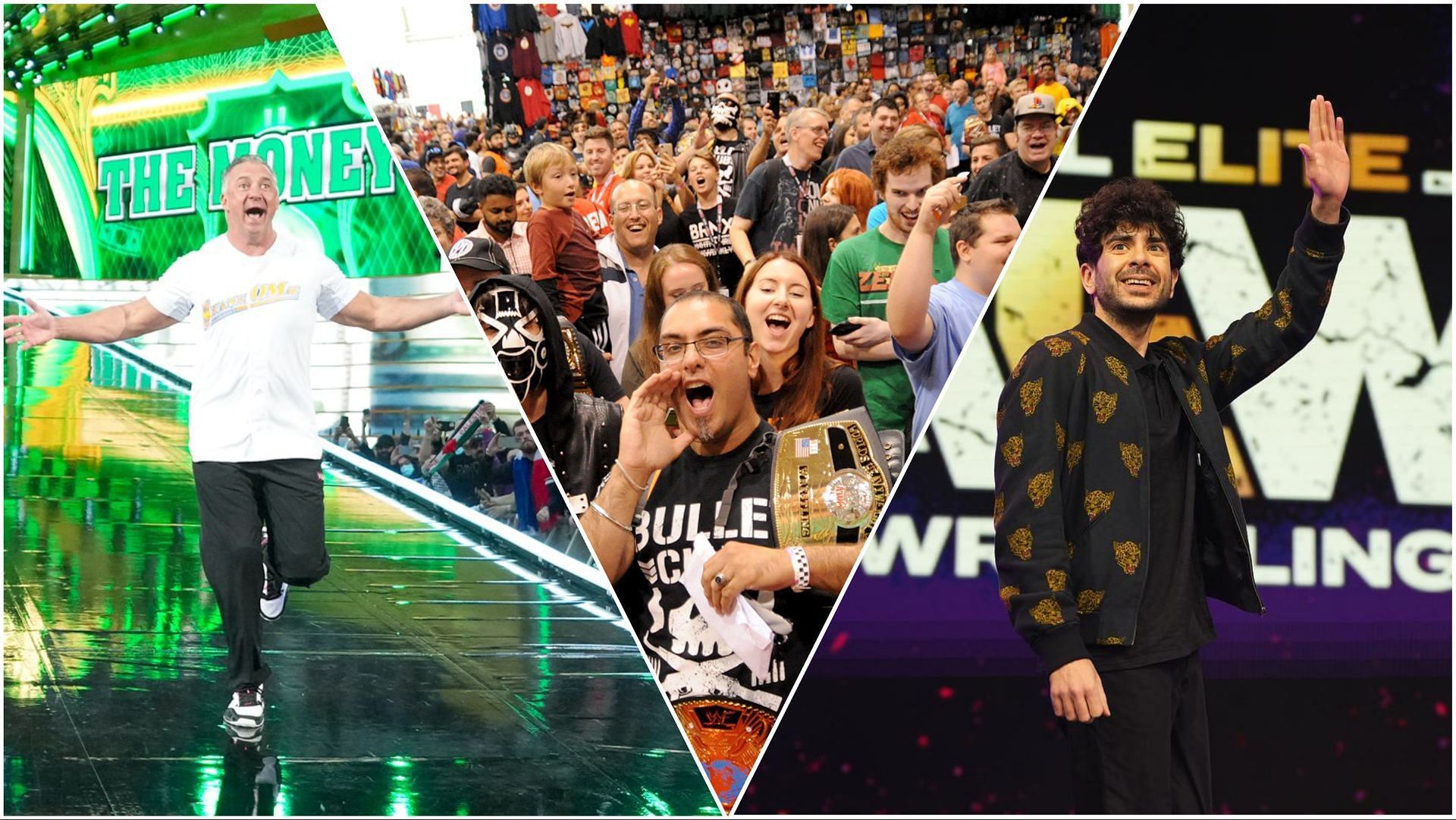 Shane McMahon at WWE WrestleMania, fans at a convention, Tony Khan waving to fans