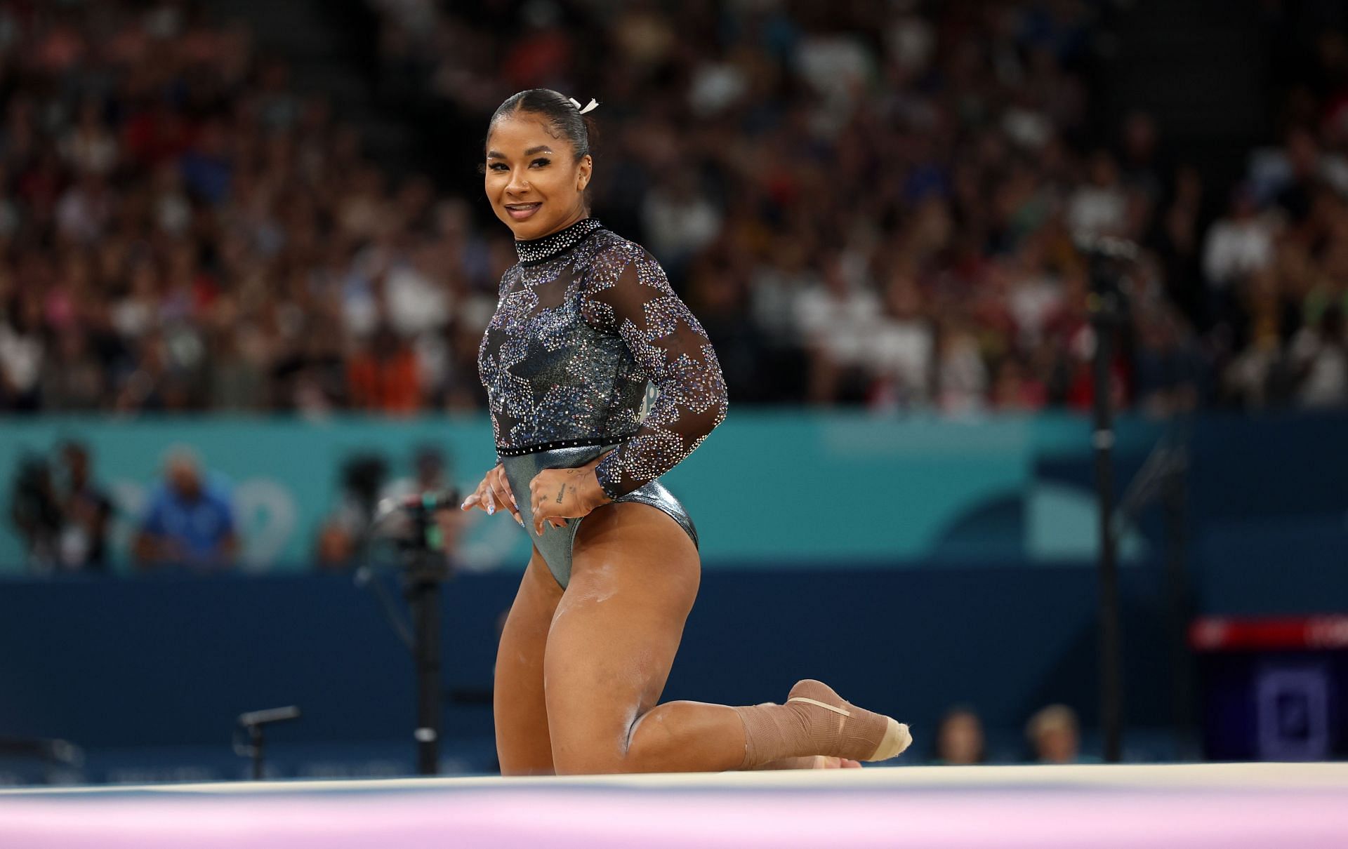 Jordan Chiles of Team United State competes in the floor exercise during the Artistic Gymnastics Women&#039;s Qualification on day two of the Olympic Games Paris 2024 at Bercy Arena on July 28, 2024 in Paris, France. (Photo by Jamie Squire/Getty Images)