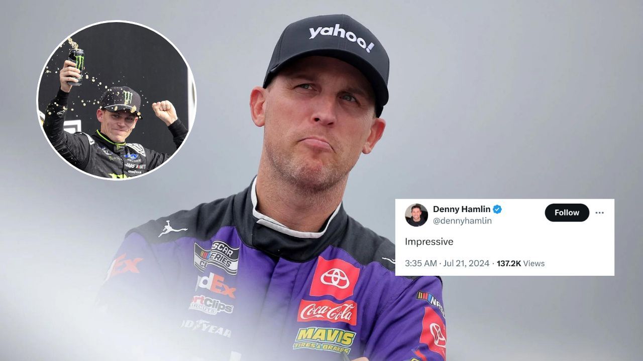 Denny Hamlin reacts to the thrilling finish at NASCAR Xfinity race at IMS