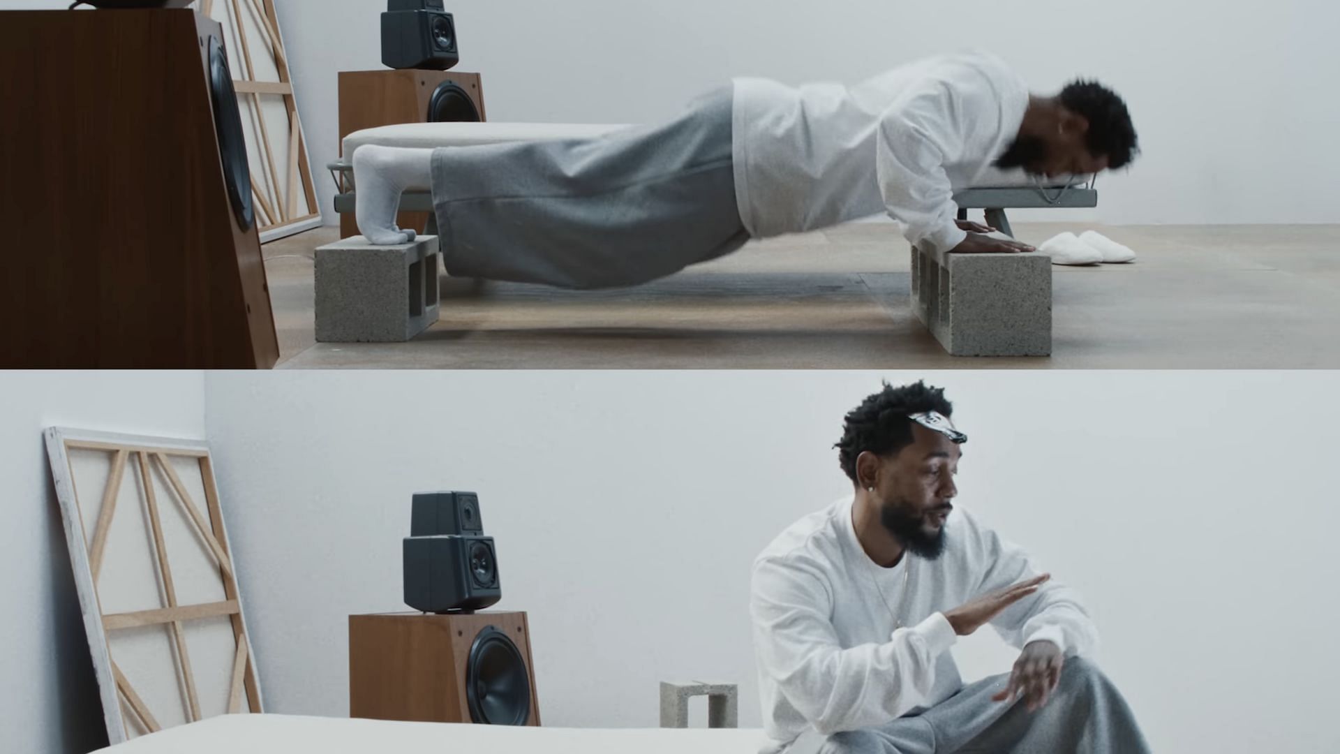 Kendrick Lamar doing push-ups in the music video for &#039;Not Like Us&#039; (Image via YouTube/@kendricklamar)