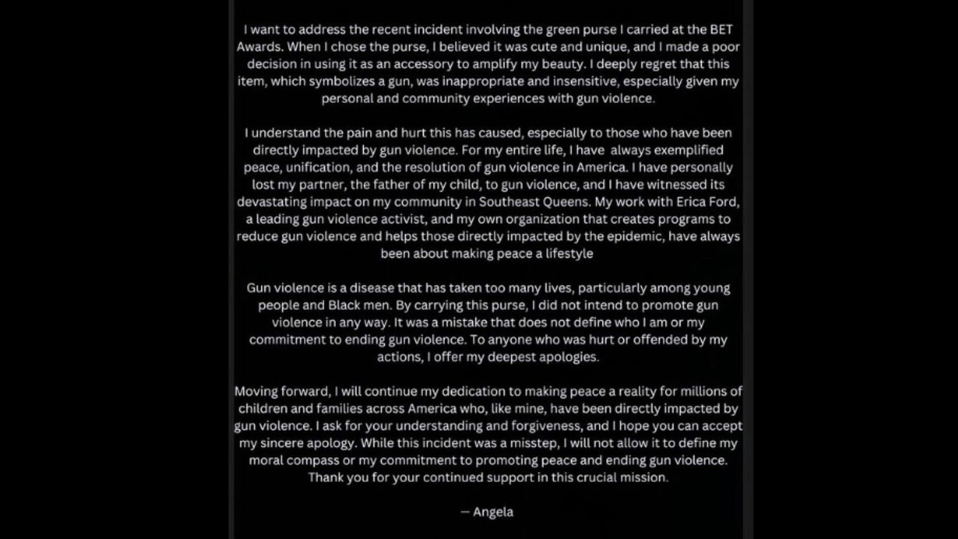 Angela Simmons&#039; statement regarding the 2024 BET Awards controversy. (Image via Instagram/ angelasimmons)