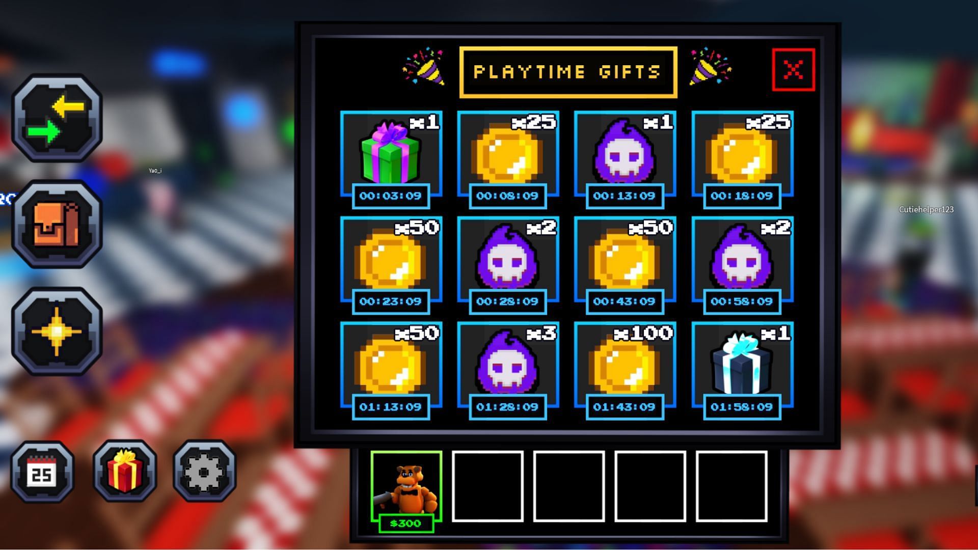 Earn playtime gifts in Five Nights TD (Image via Roblox)