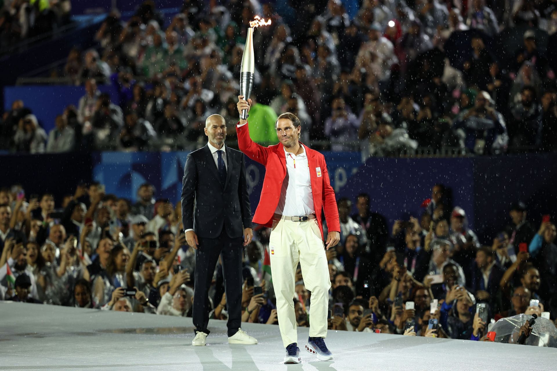 Rafael Nadal pictured with Zinedine Zidane at the 2024 Paris Olympics opening ceremony - Image Source: Getty