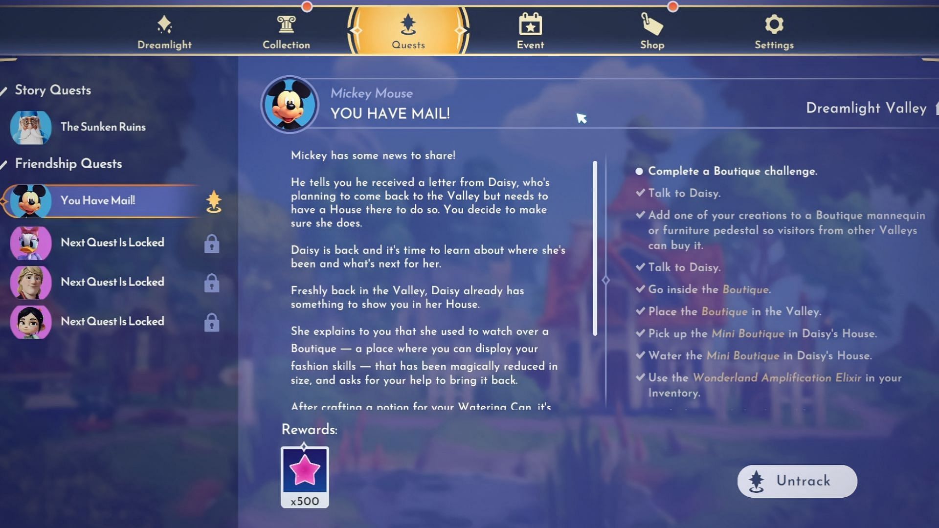 You Have Mail quest is given by Mickey Mouse (Image via Gameloft || YouTube@Quick Tips)