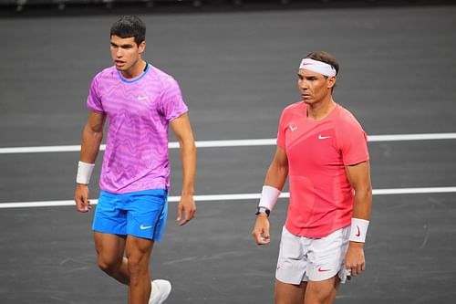 Carlos Alcaraz and Rafael Nadal at The Netflix Slam. (Image via Getty)