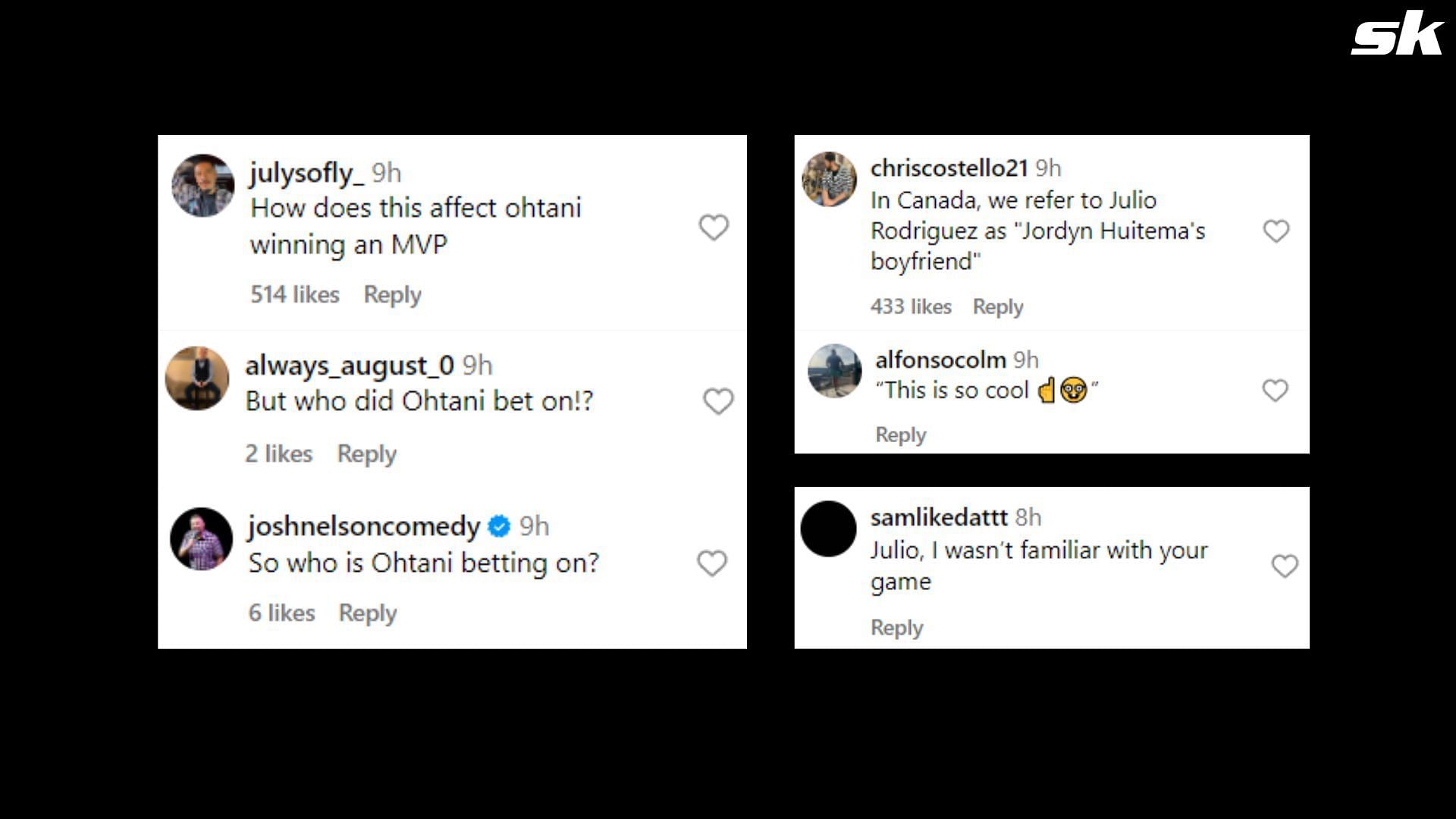 Screenshot of fan reactions from Talkin Baseball's post on Instagram