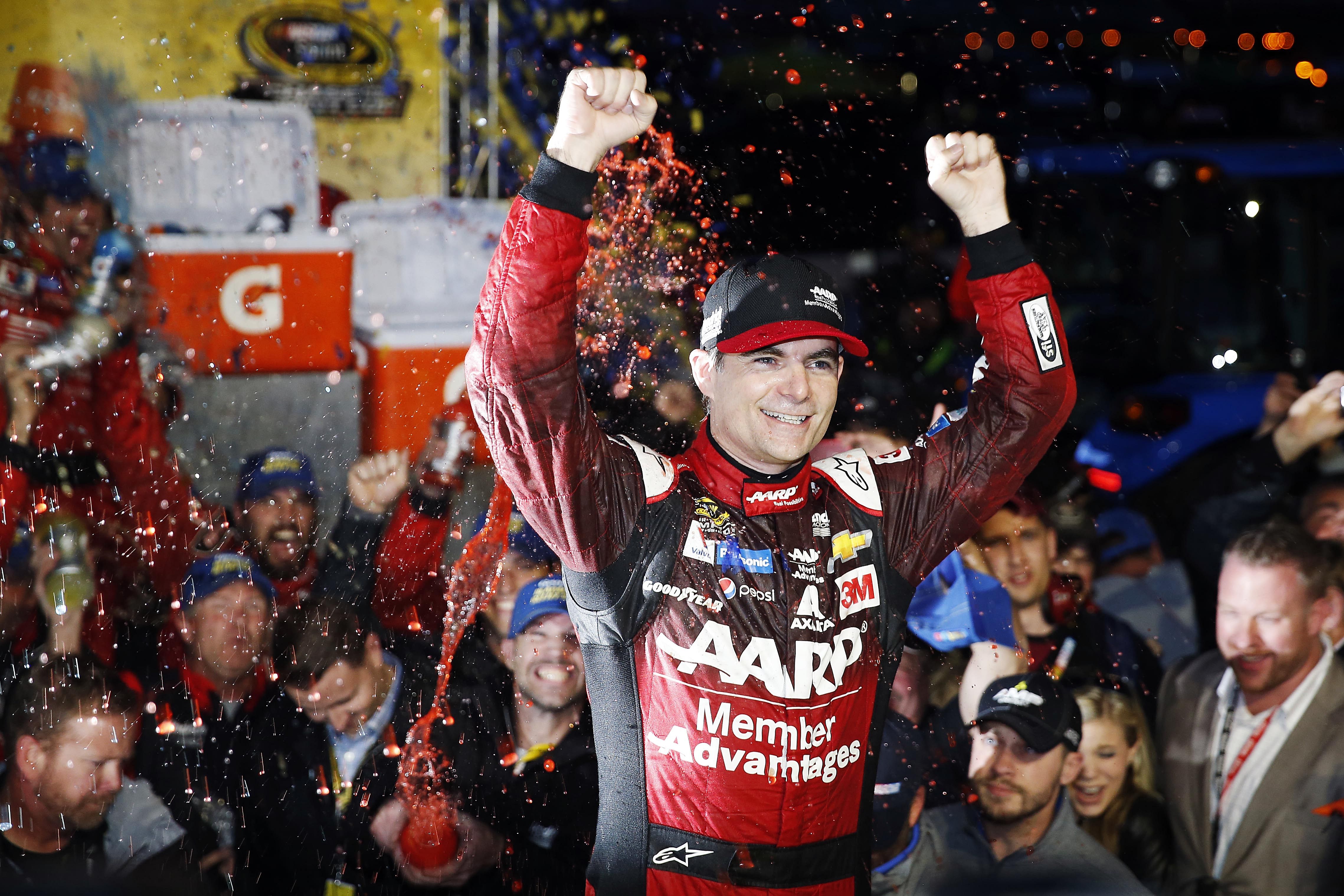 Sprint Cup Series driver Jeff Gordon (24) celebrates winning the Goody&#039;s Headache Relief Shot 500 at Martinsville Speedway. Mandatory Credit: Peter Casey-USA TODAY Sports